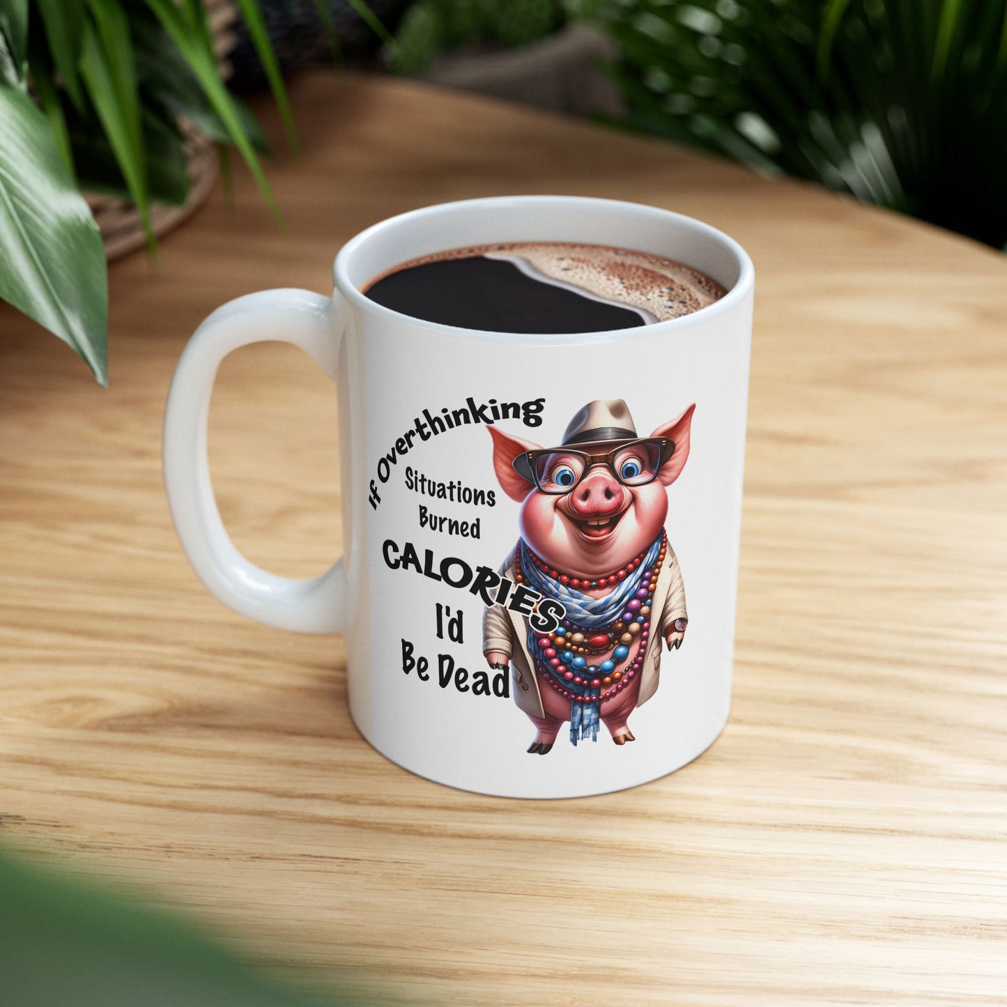 🐷 No cuento calorías – Taza de café con cerdito gracioso y cuentas 💎