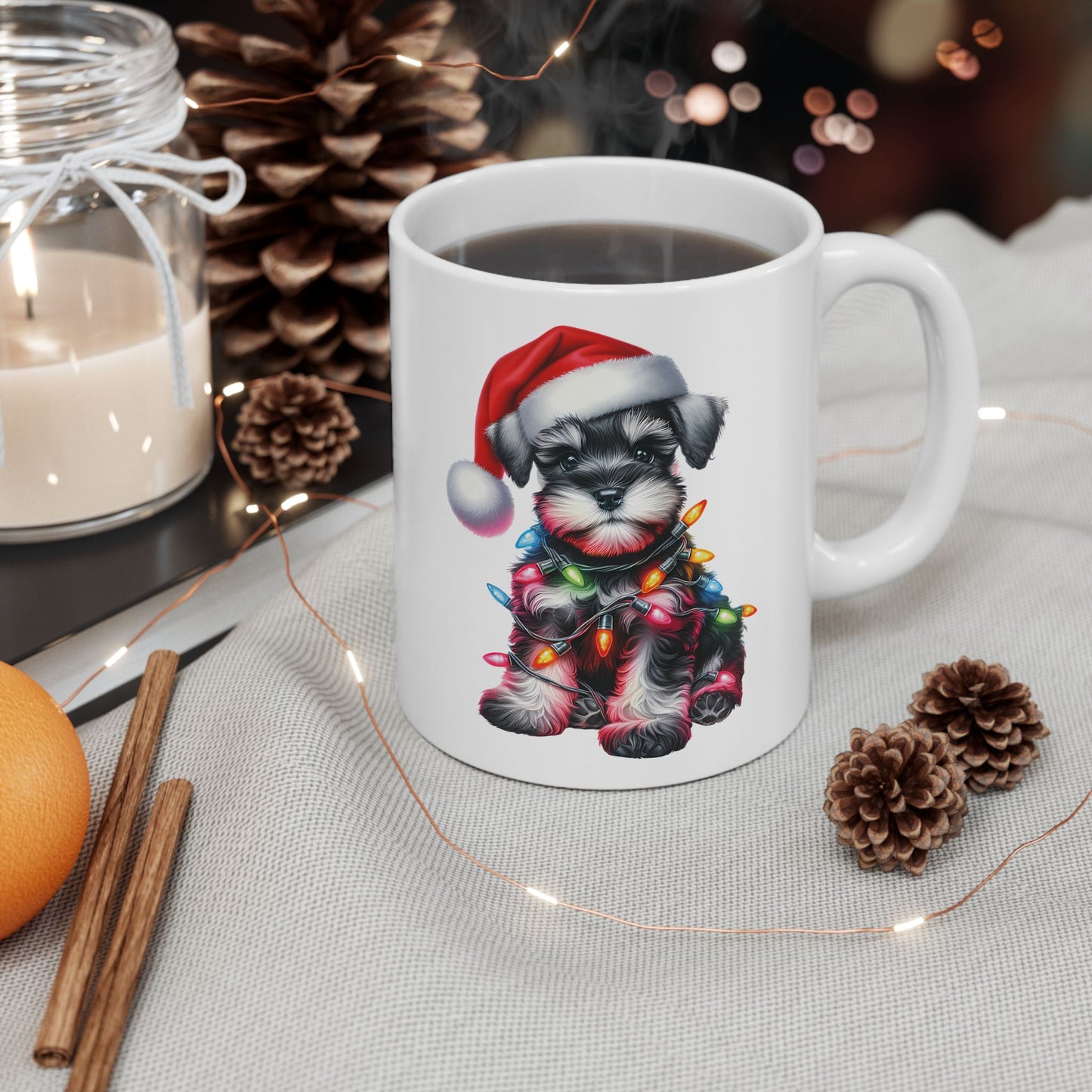 🎄 Miniature Schnauzer Christmas Mug – Holiday Cheer with a Pup in Lights 🐾