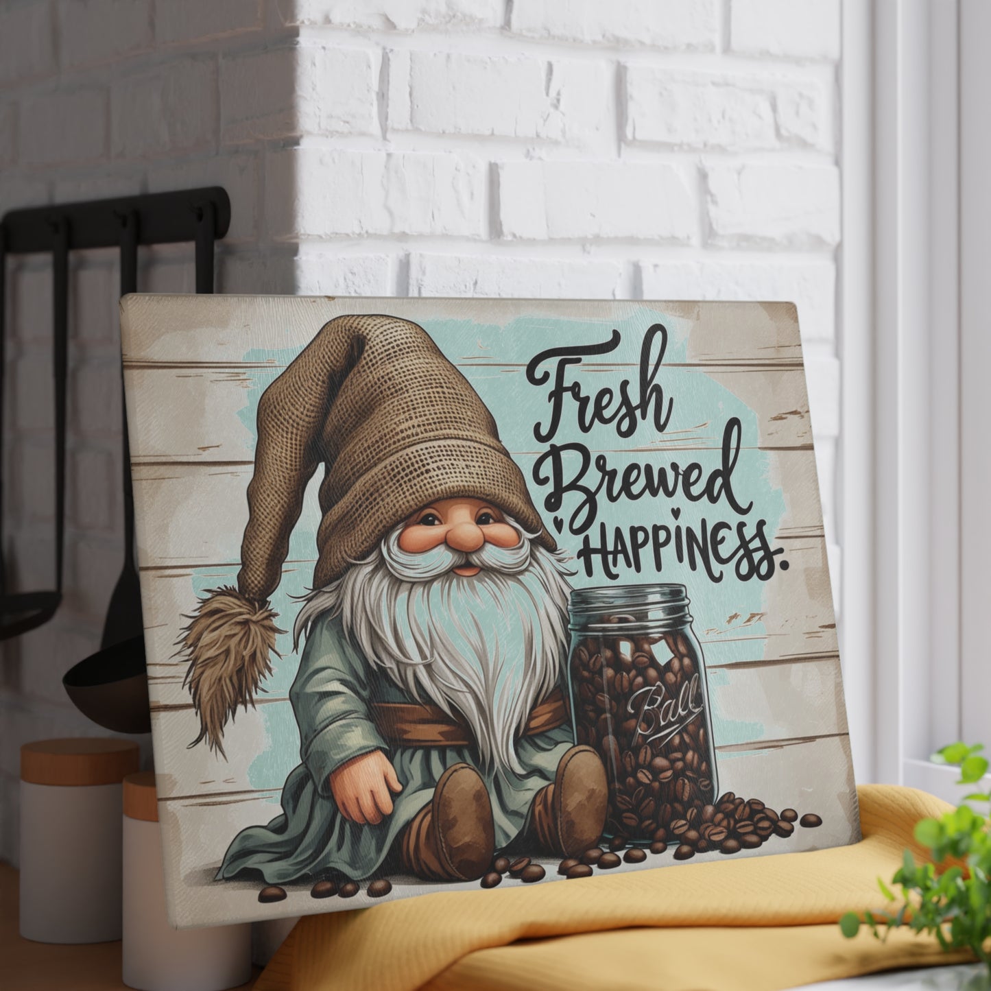 ☕🧙 Fresh Brewed Happiness Cutting Board – Rustic Coffee Gnome Kitchen Décor with Beans & Charm 🌿✨