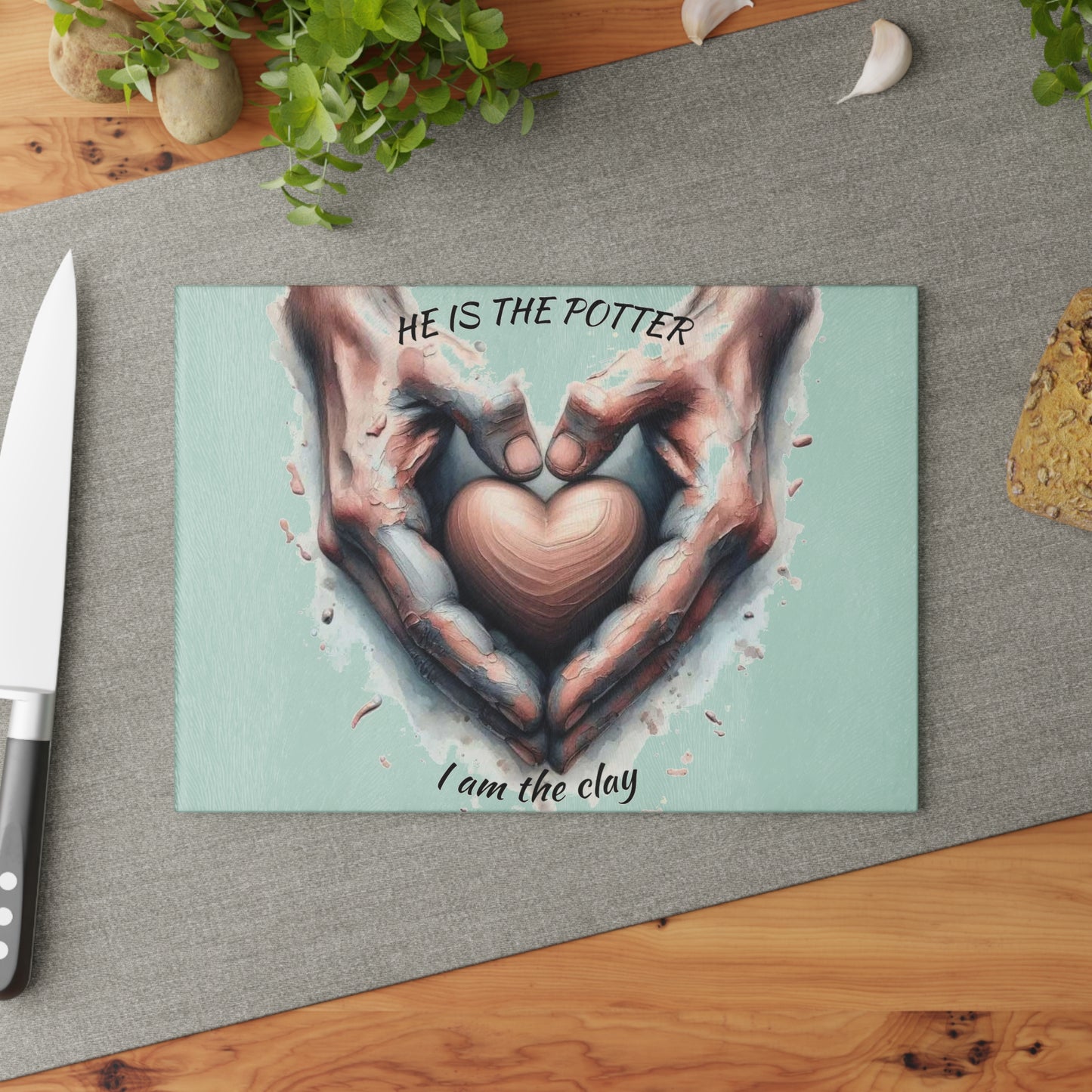 🤎 He Is the Potter – Inspirational Faith Tempered Glass Cutting Board