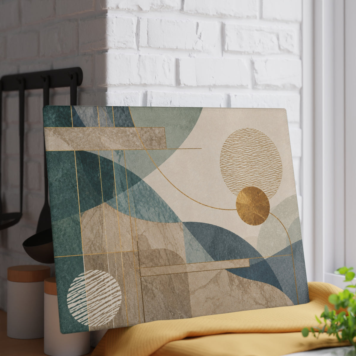 Modern Abstract Geometric Glass Cutting Board – Teal Beige & Gold Contemporary Kitchen Decor