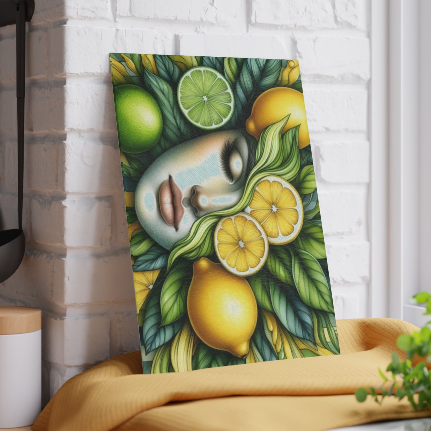 Tabla de cortar de vidrio con diseño de diosa de limón y lima: audaz, hermosa y refrescantemente única