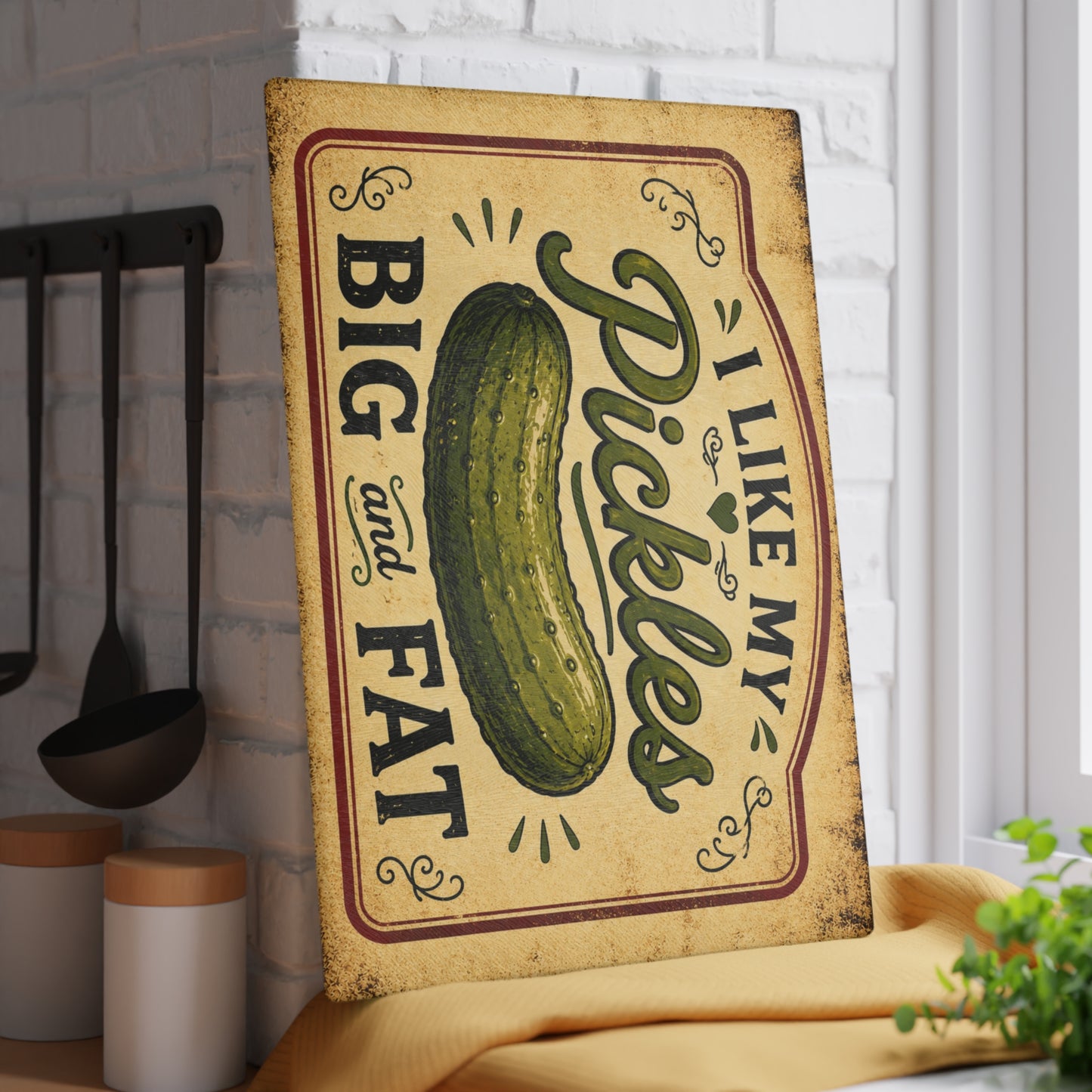 I Like My Pickles Big and Fat Glass Cutting Board – Funny Pickle Kitchen Decor, Rustic Farmhouse Gift