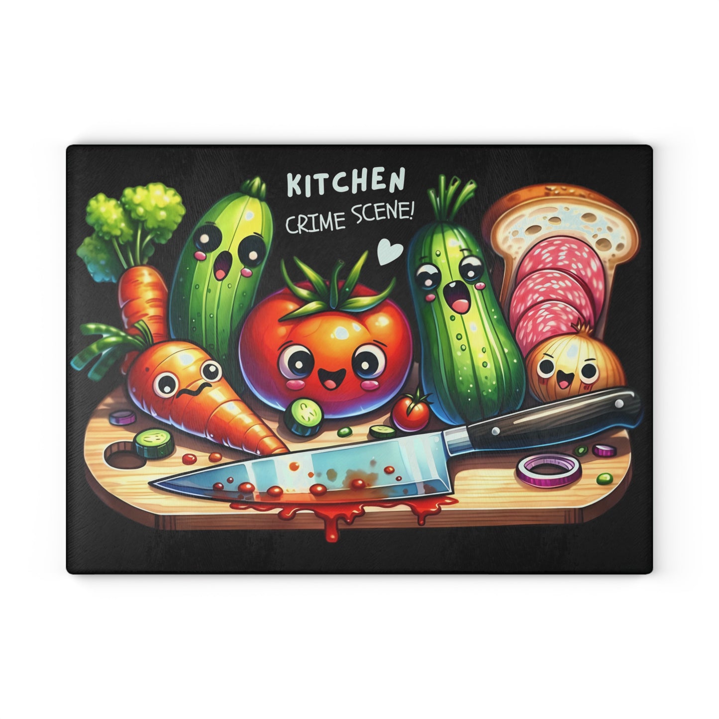 Tabla de cortar de vidrio con temática de escena del crimen en la cocina: verduras, pan y salami que gritan, decoración divertida para la cocina