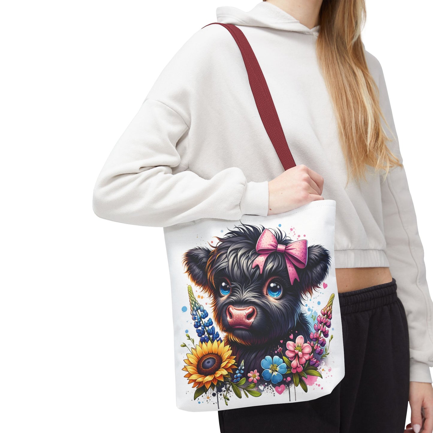 🌸 Black Highland Calf Floral Tote Bag – Sweet Style for Every Age 🐮👜