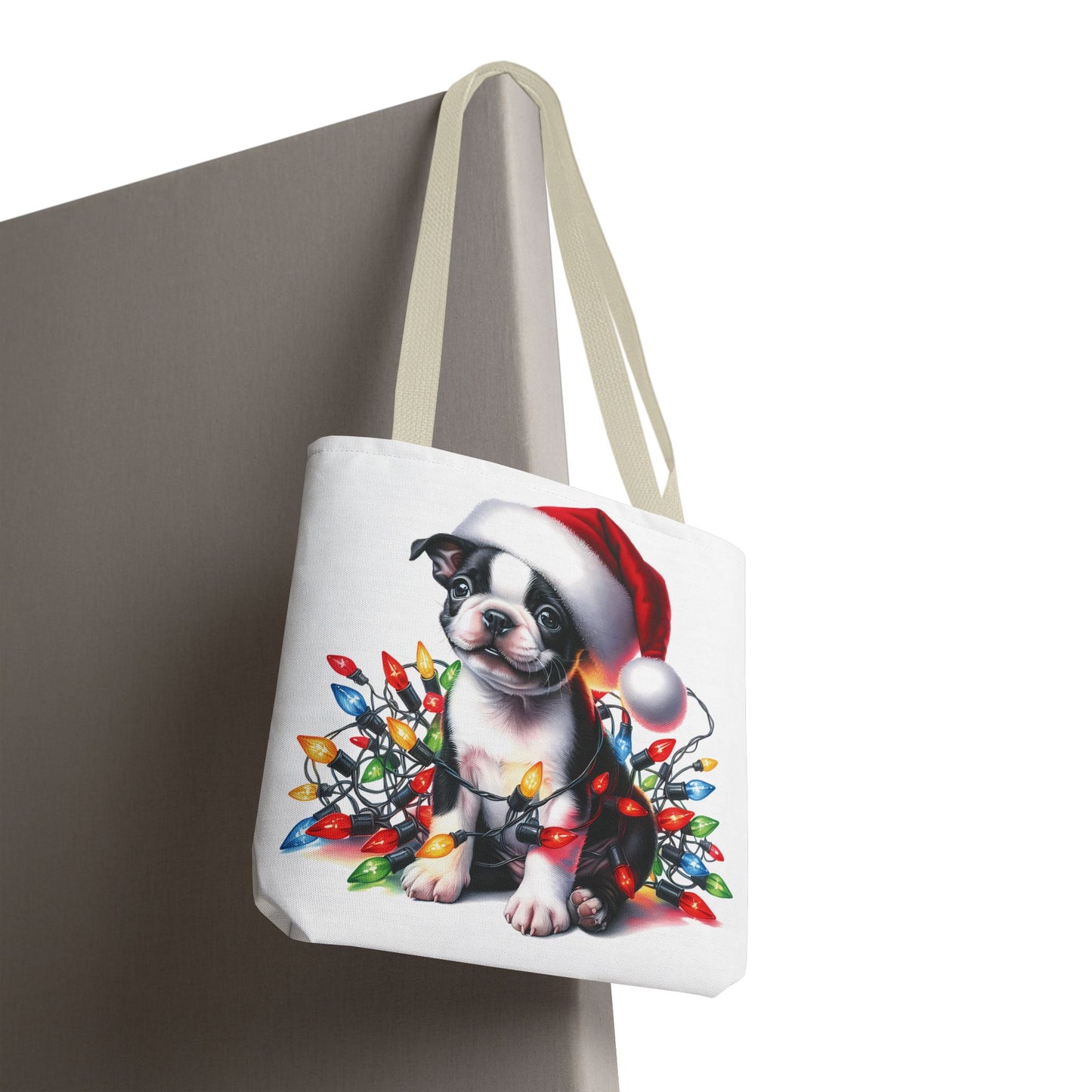 👜 Boston Terrier Christmas Lights Tote Bag – Holiday Sparkle Meets Puppy Love 🎄