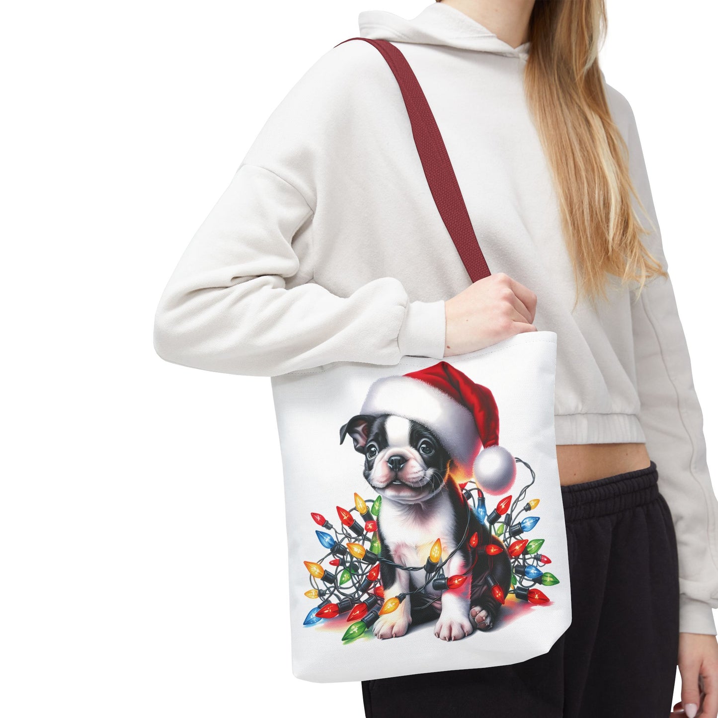 👜 Boston Terrier Christmas Lights Tote Bag – Holiday Sparkle Meets Puppy Love 🎄