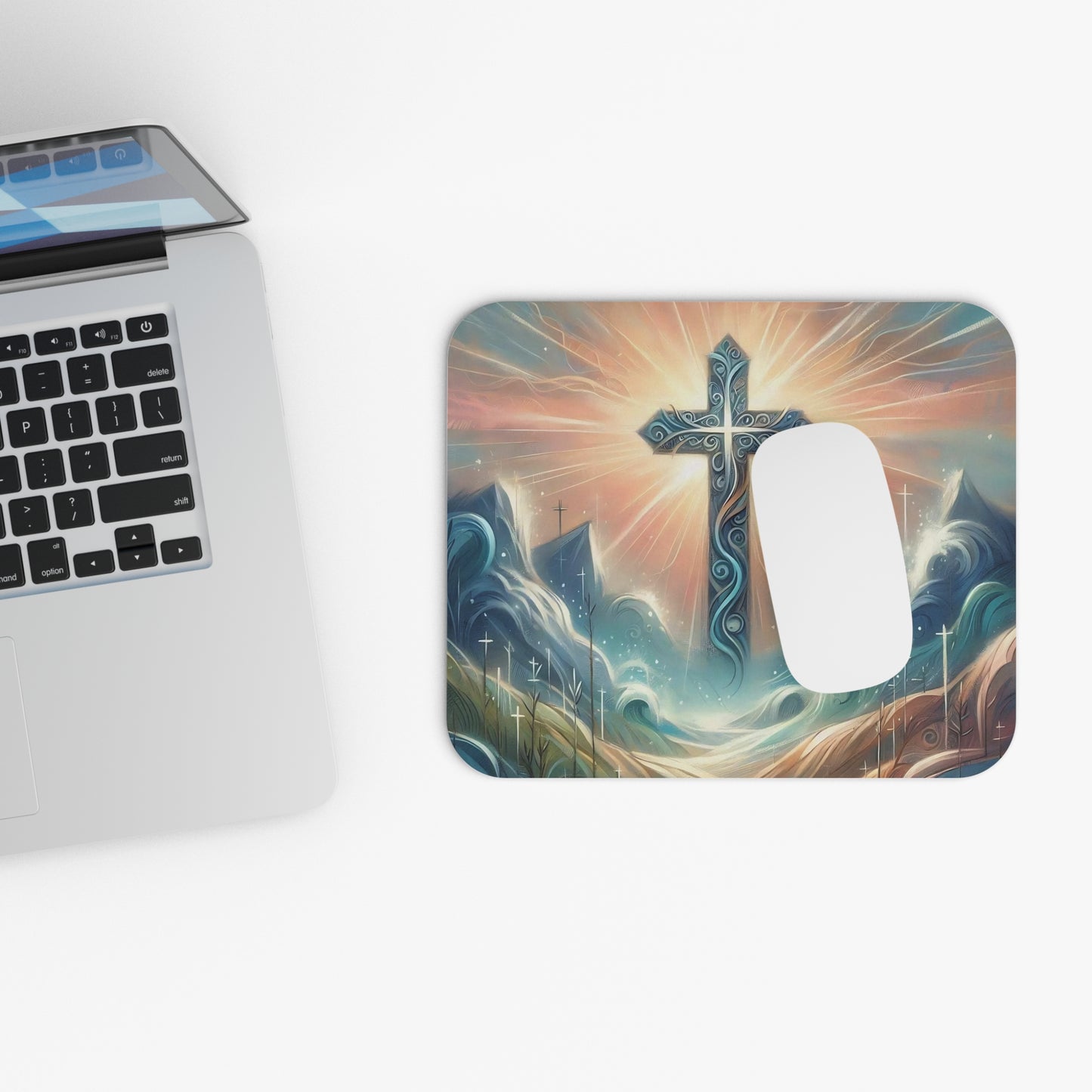 🖱️✨ Radiant Cross Sunrise Mouse Pad – Faith & Inspiration for Your Desk