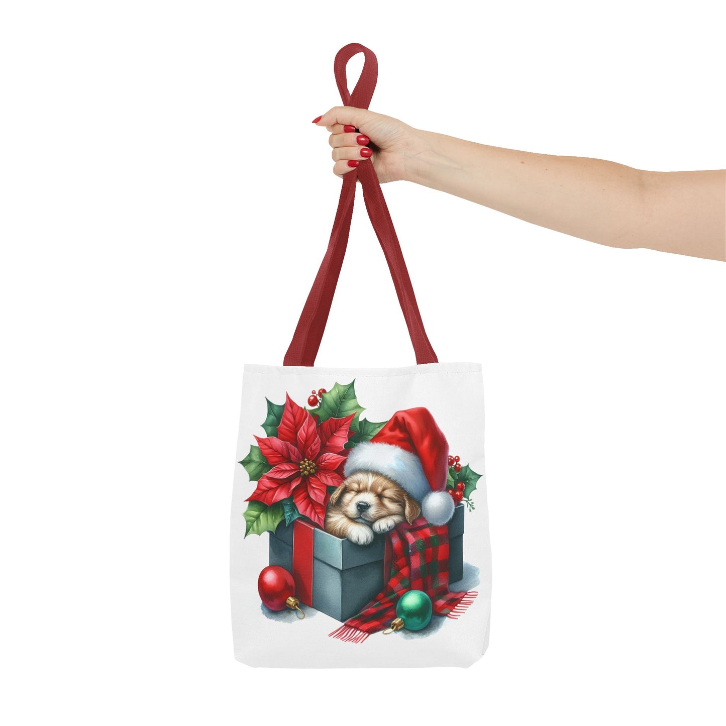 🎁 Sleeping Puppy in Gift Box Christmas Tote – Cozy Holiday Charm for Dog Lovers 🐾