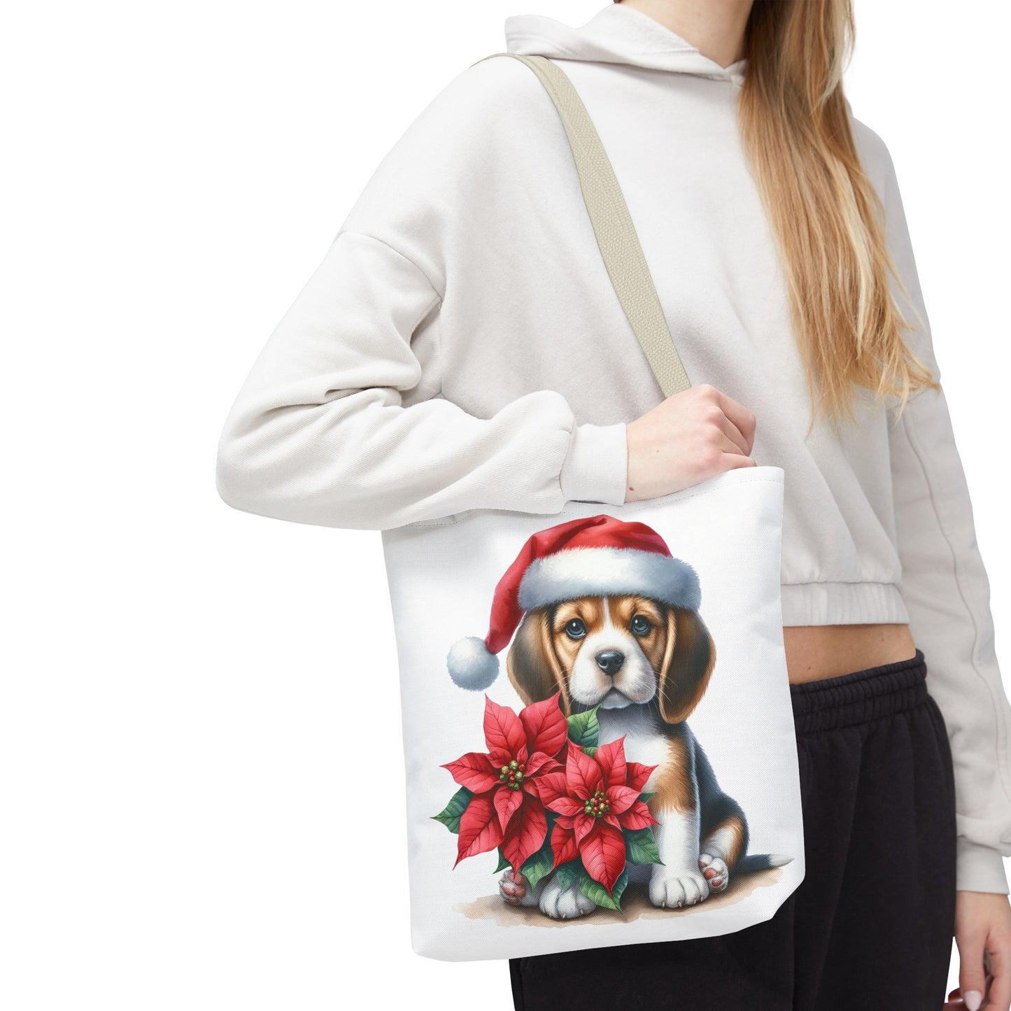 🐶 Beagle Puppy & Poinsettia Christmas Tote Bag – Sweet Holiday Charm in Every Step 🎄