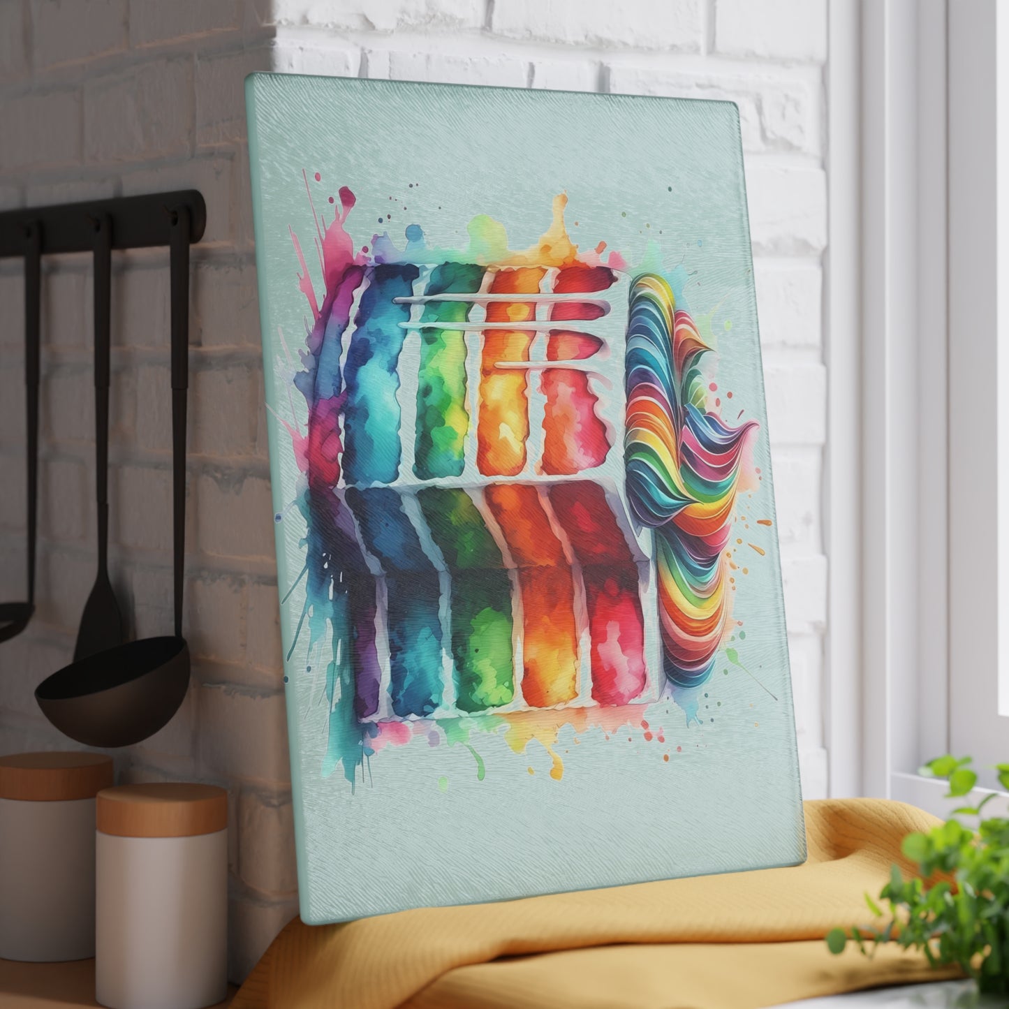 Tabla de cortar de vidrio templado con diseño de pastel arcoíris