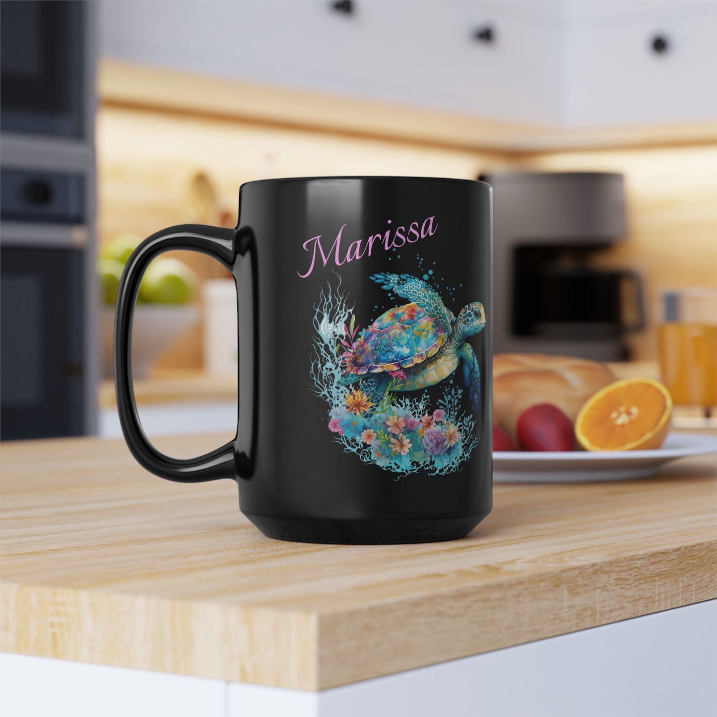 Taza de café personalizada de tortuga marina negra (15 oz) para amantes del océano, taza personalizada del océano, regalo para amantes del mar, taza de café costera, idea de regalo tropical, fanático de las tortugas marinas