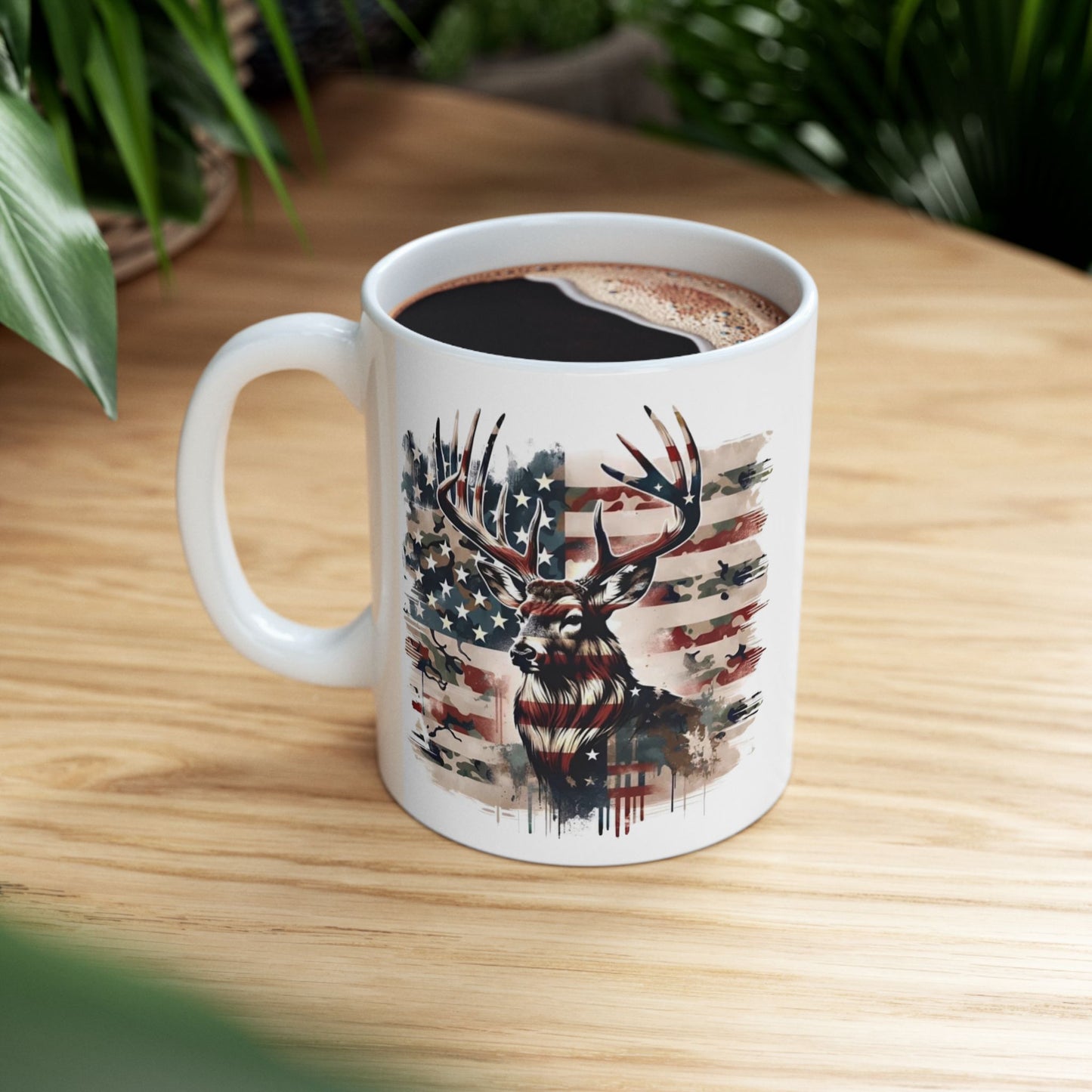 🦌USA Camo Flag Buck – Patriotic Hunting Coffee Mug (11oz & 15oz)