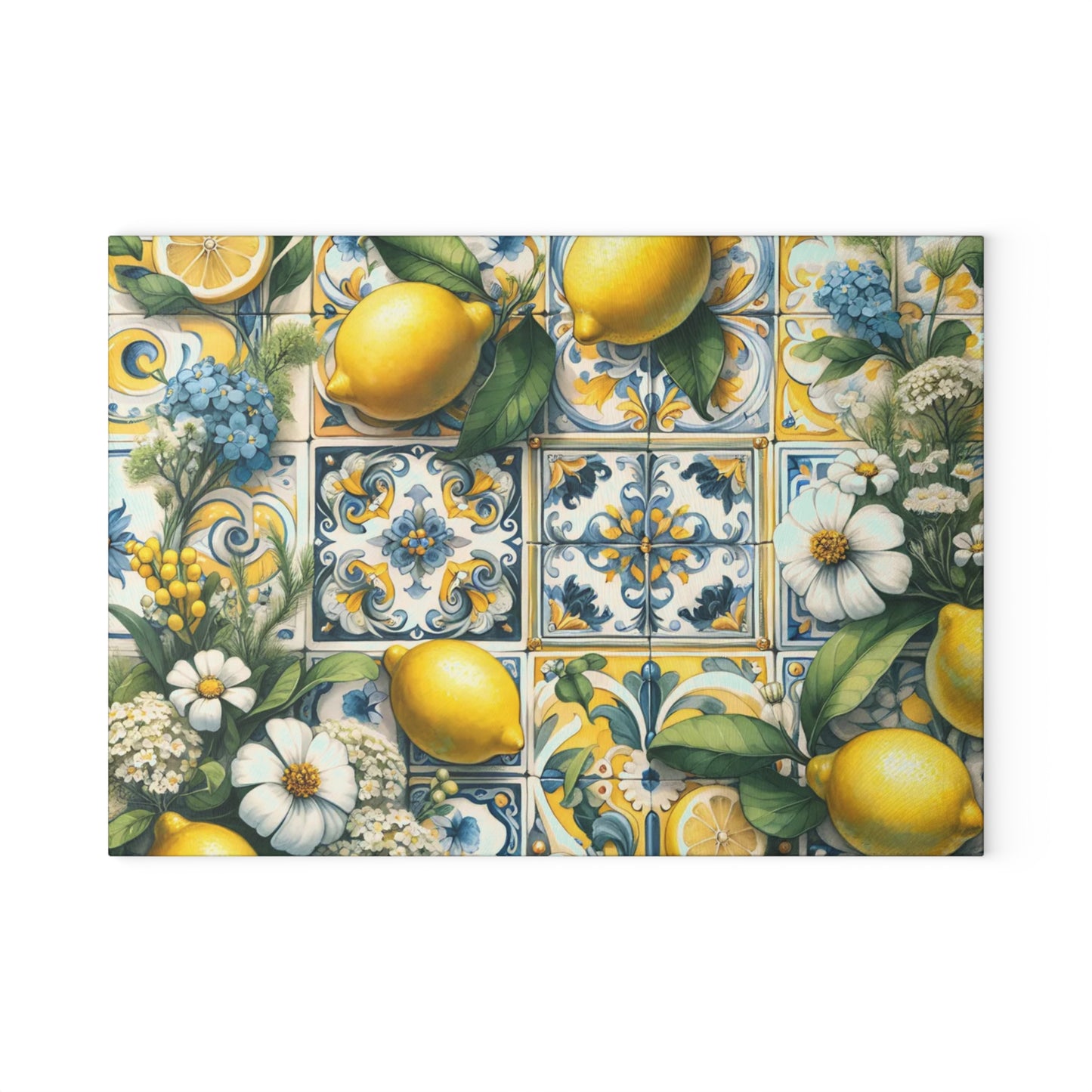🍋🌼 Lemon Tile Floral Cutting Board – Mediterranean Charm for Your Kitchen 🌸🍋