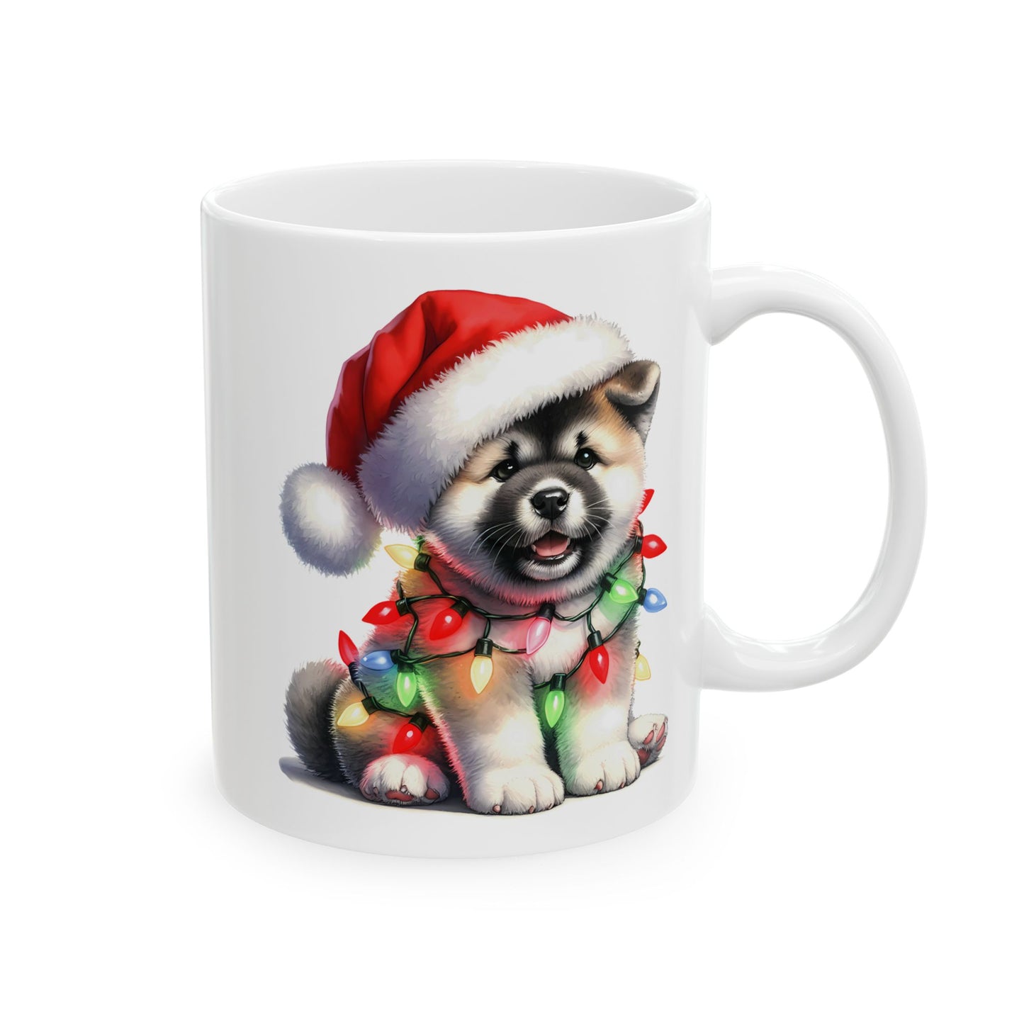🎅 Akita Christmas Mug – Festive Puppy with Santa Hat & Holiday Lights 🎄