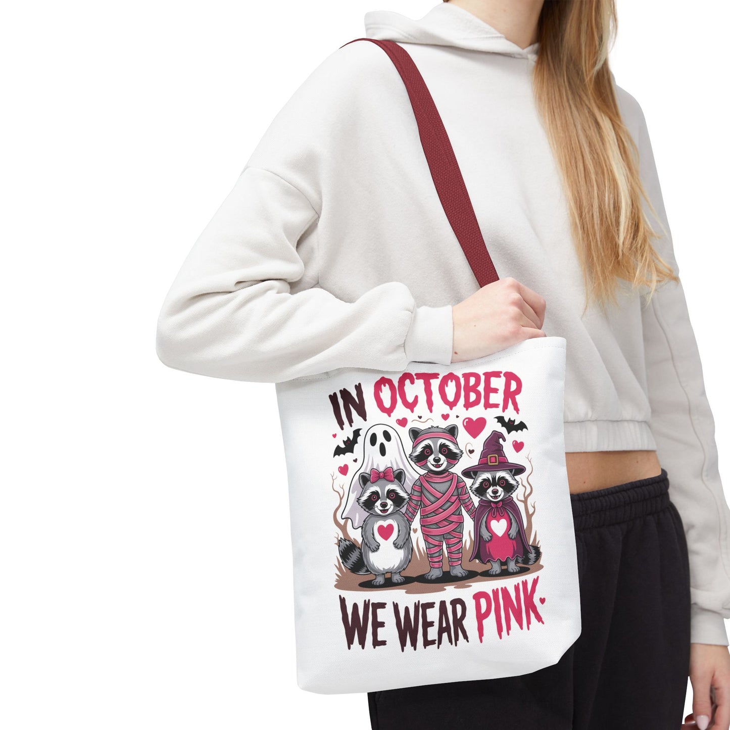 🎀 In October We Wear Pink Raccoon Halloween Tote Bag – Spooky Cute Awareness Style 🦝👜