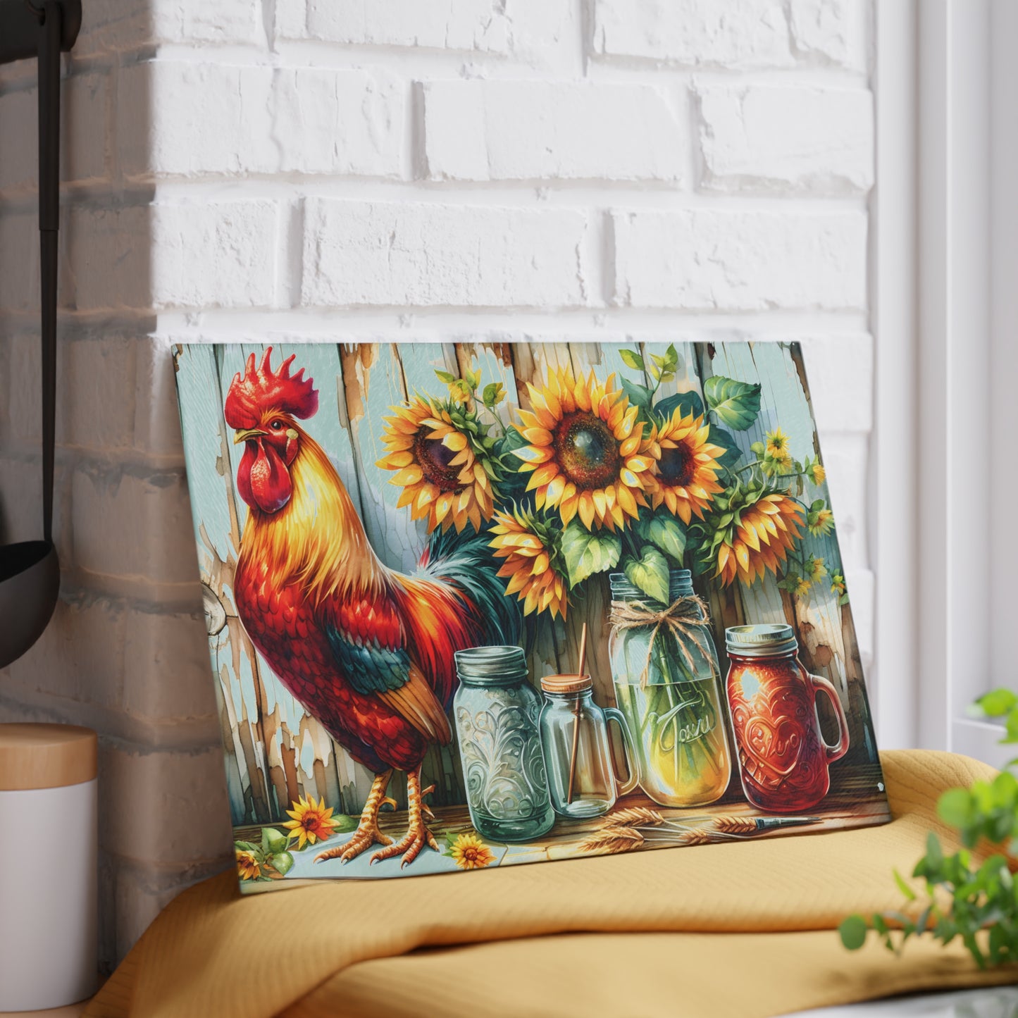 🐓 Rustic Rooster & Sunflowers Cutting Board – Farmhouse Mason Jar Kitchen Art