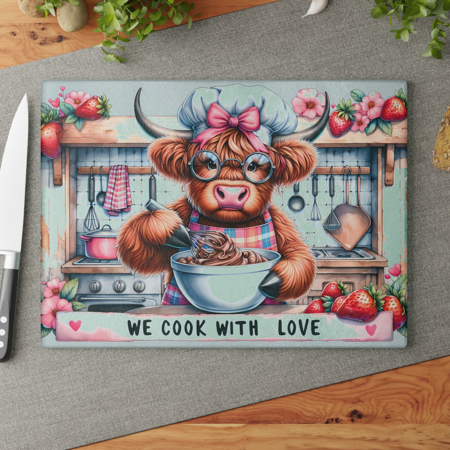 🐮 We Cook With Love Cutting Board – Whisking Up Sweetness & Farmhouse Charm