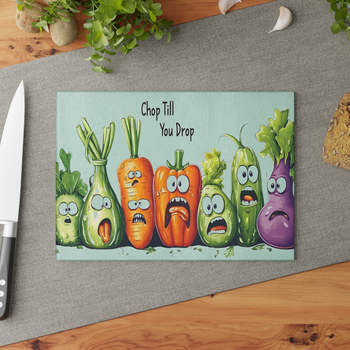 Tabla de cortar de vidrio “Chop Till You Drop” – Verduras que gritan y humor negro de cocina 😱🍅