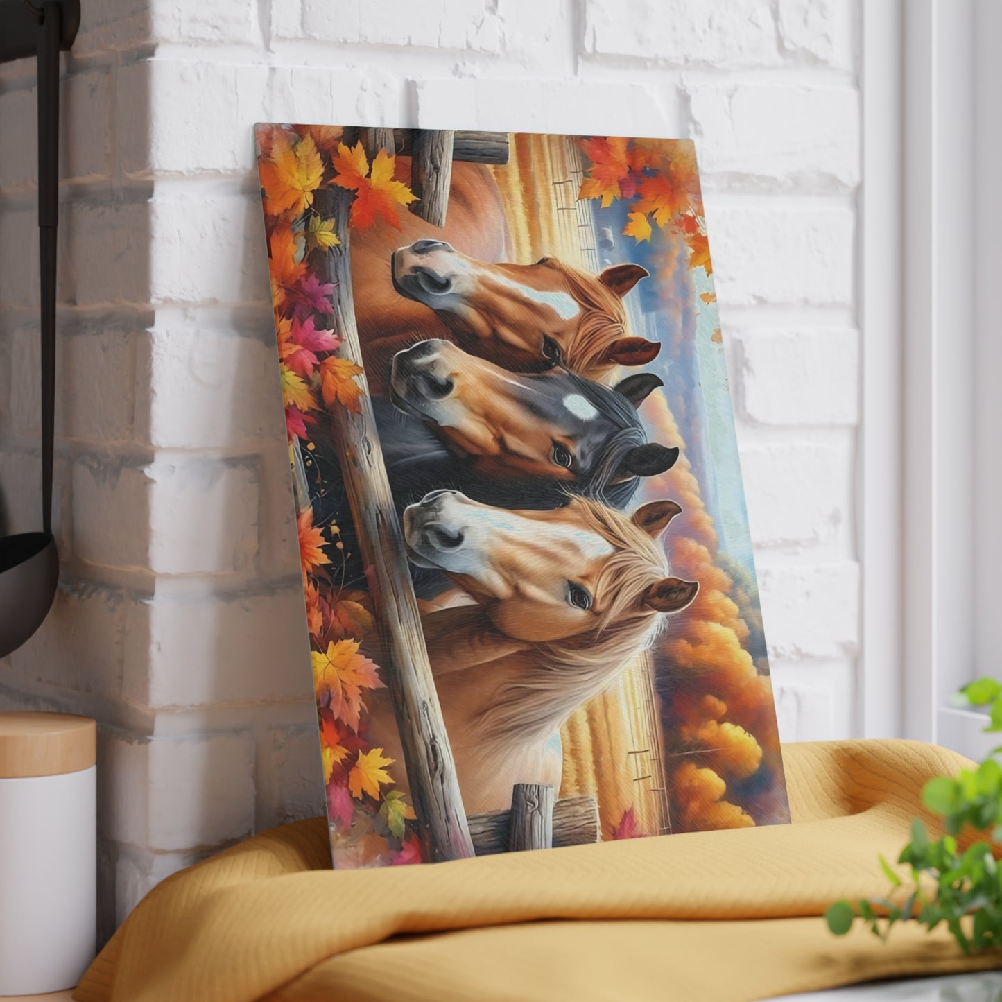 🐎🍂 Autumn Horses Glass Cutting Board – Rustic Country Charm for Your Kitchen 🍂🐎