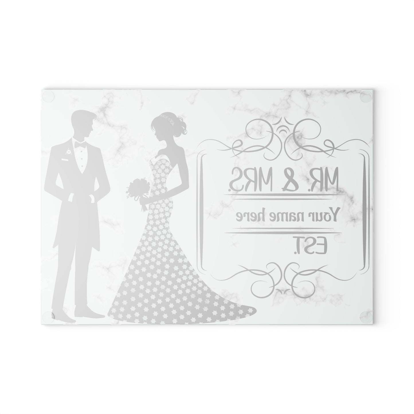 👰♀️ Elegante tabla de cortar de mármol para bodas de Sr. y Sra.: regalo personalizado para pareja con apellido y año