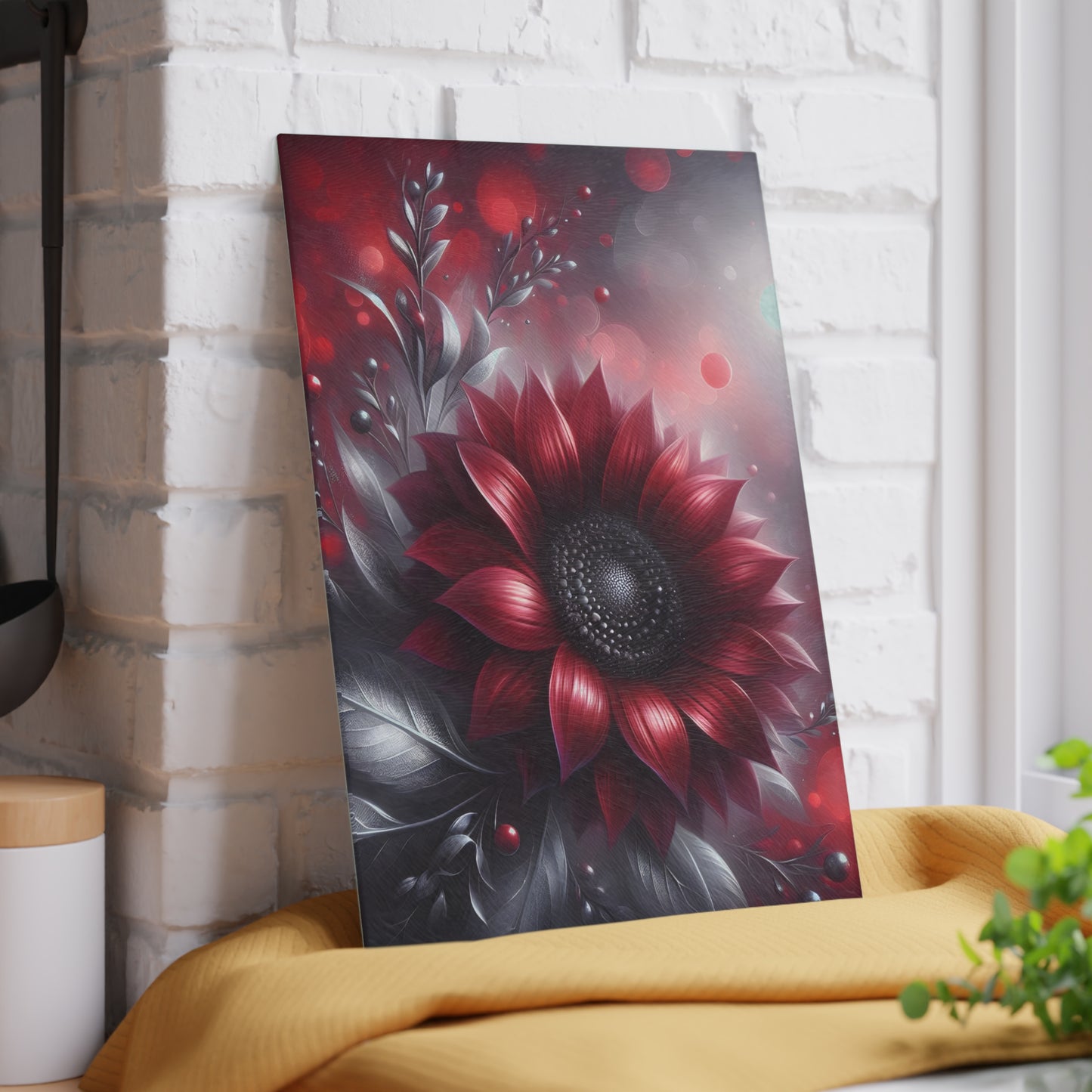 🌻🖤 Red and Black Sunflower Cutting Board – Bold Elegance for Your Kitchen 🌹