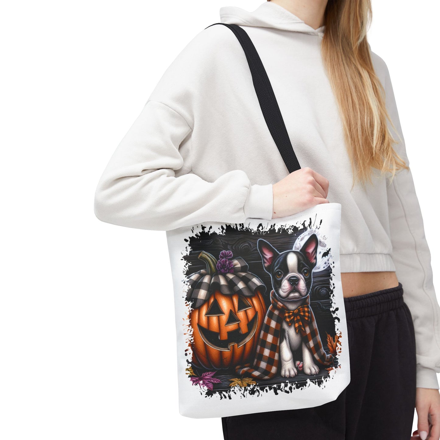 🎃 Boston Terrier Halloween Tote Bag – Spooky Cute with Plaid Style 🐾🖤👜
