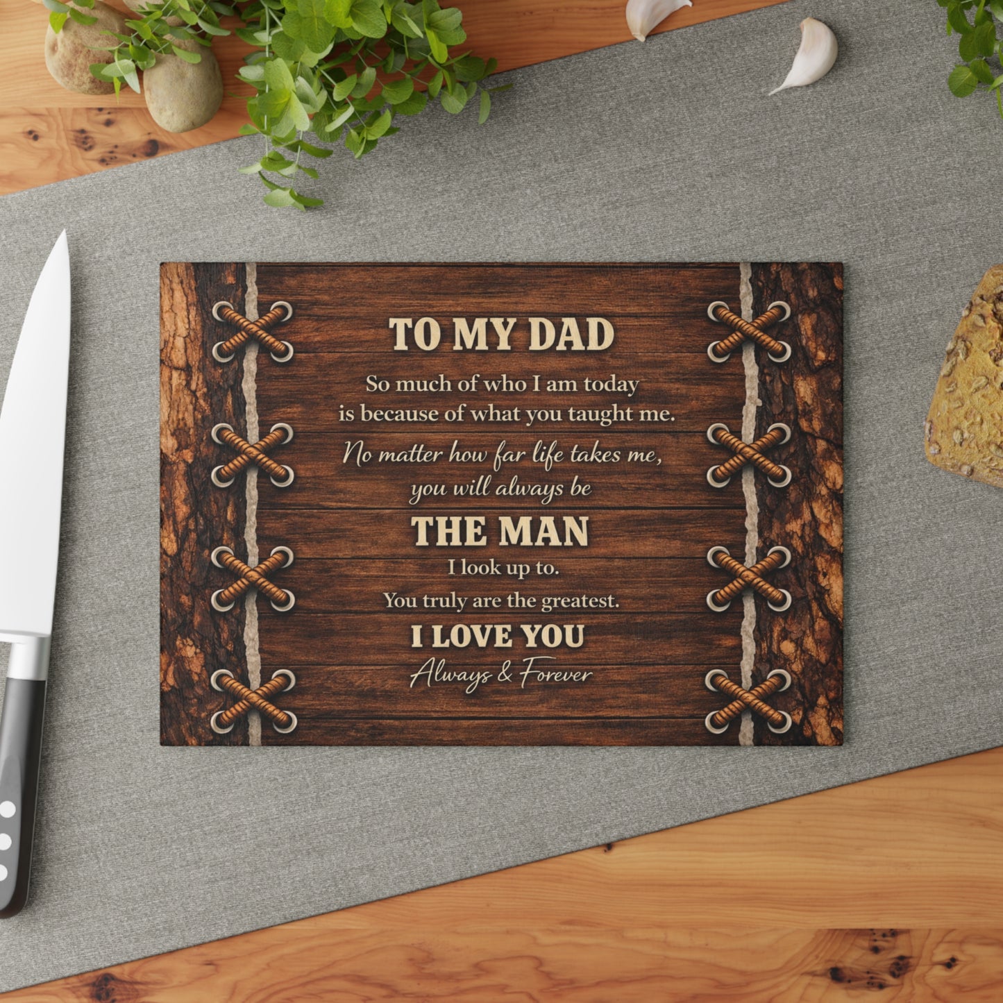 To My Dad Tribute Glass Cutting Board – Rustic Father Appreciation Kitchen Art