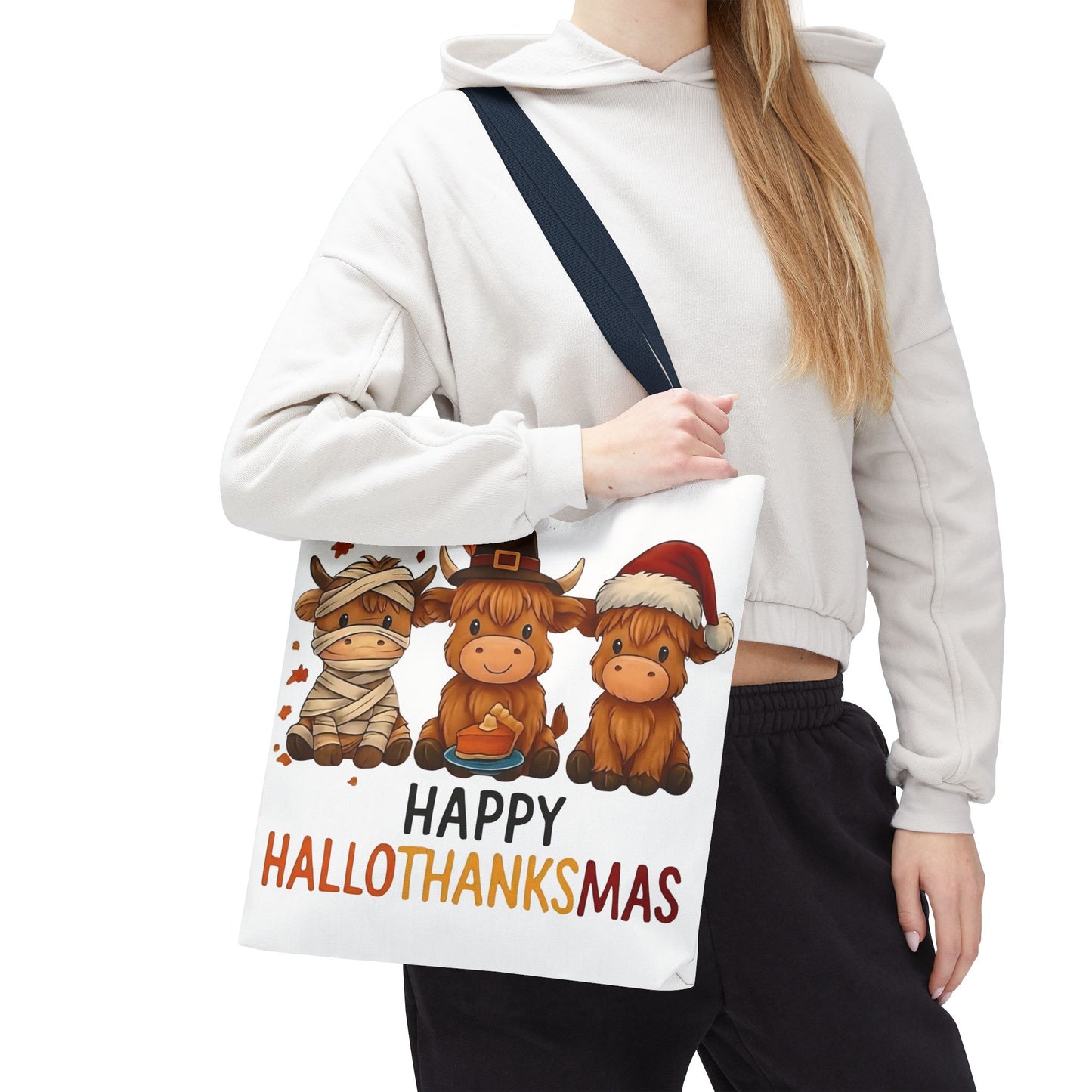 🐮 Happy Hallothanksmas Highland Cow Tote Bag – Holiday Fun All Season 🎃🦃🎄👜
