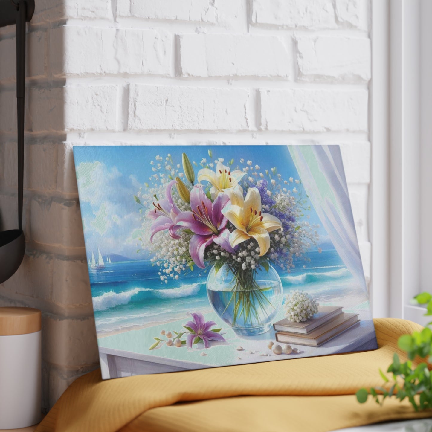 Tabla de cortar Ocean Breeze Lily: elegante decoración de cocina con escena playera floral