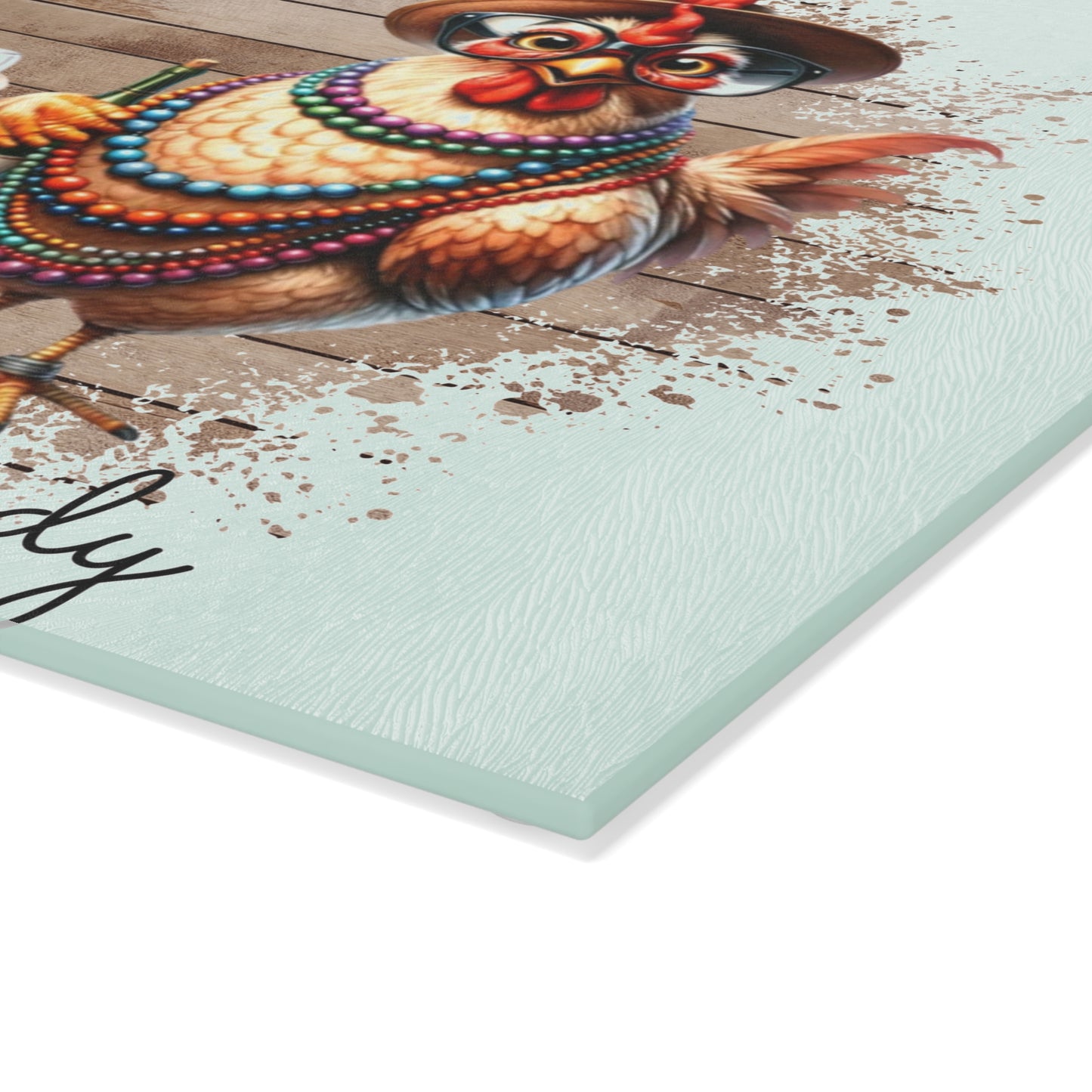 🐔💅 CRAZY CHICKEN LADY – Tabla de cortar de vidrio con temática de vino y pollo glamoroso 🍷👒