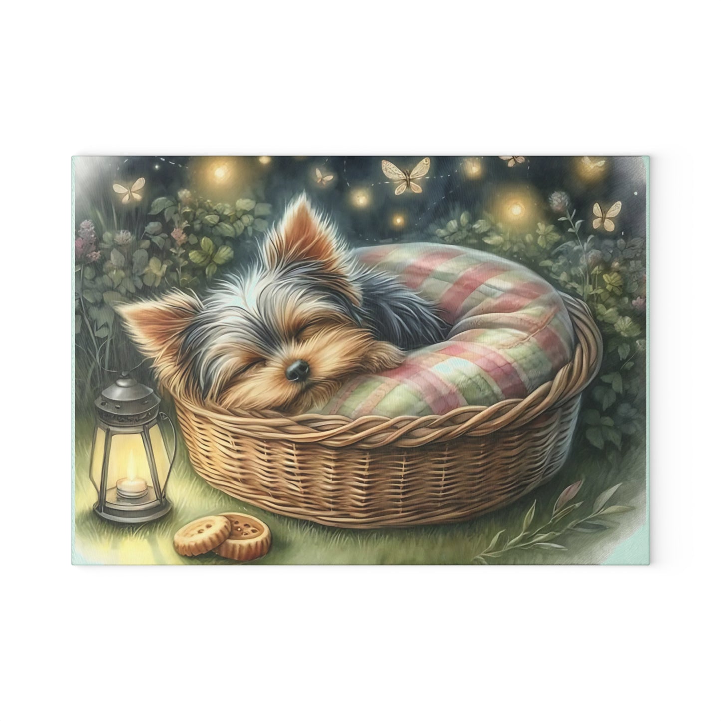 🐾✨ Sleeping Yorkie in Basket Cutting Board – Dreamy Garden Charm for Your Kitchen 🌙🕯️