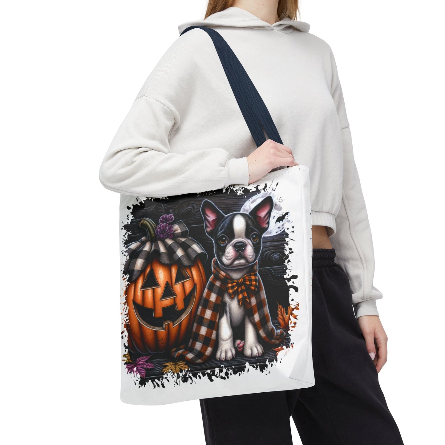 🎃 Boston Terrier Halloween Tote Bag – Spooky Cute with Plaid Style 🐾🖤👜