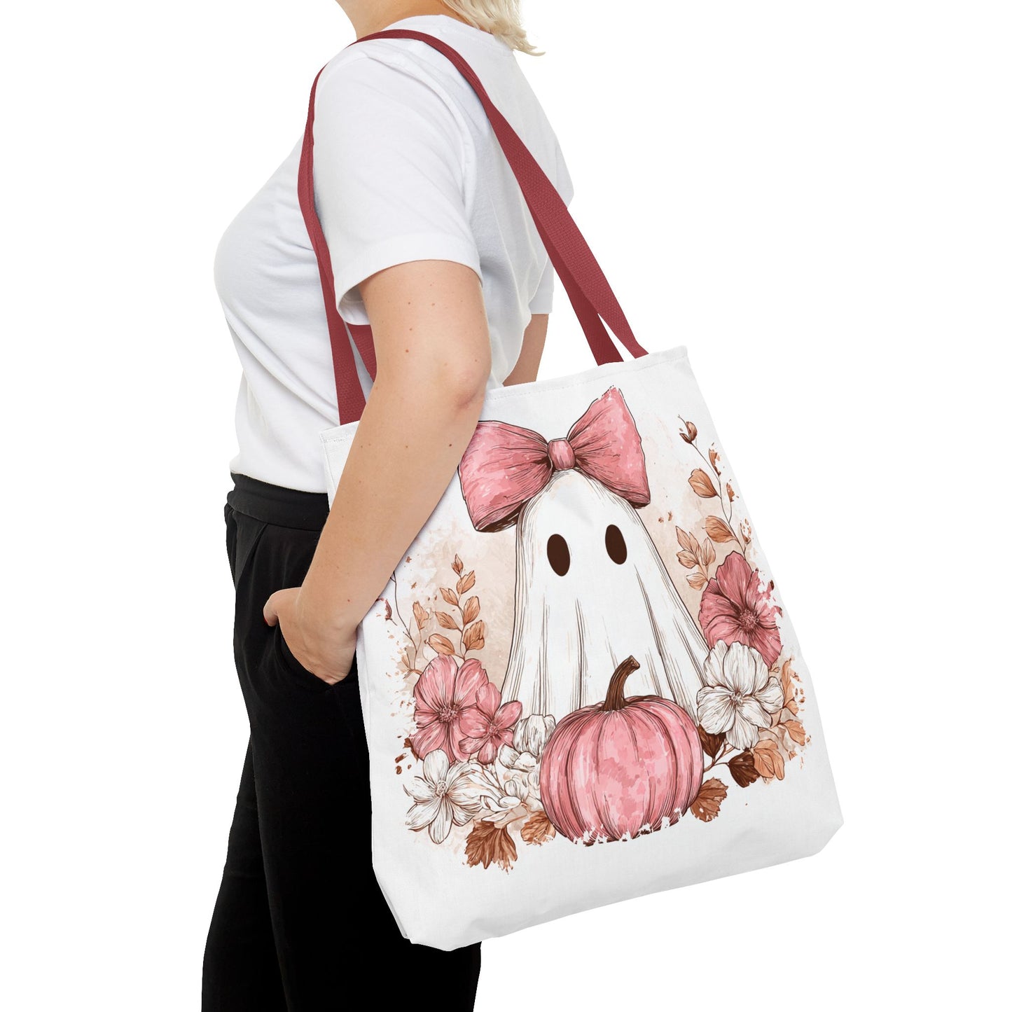 ๐ป Pink Bow Ghost Floral Halloween Tote Bag โ Spooky Cute with Fall Charm ๐๐