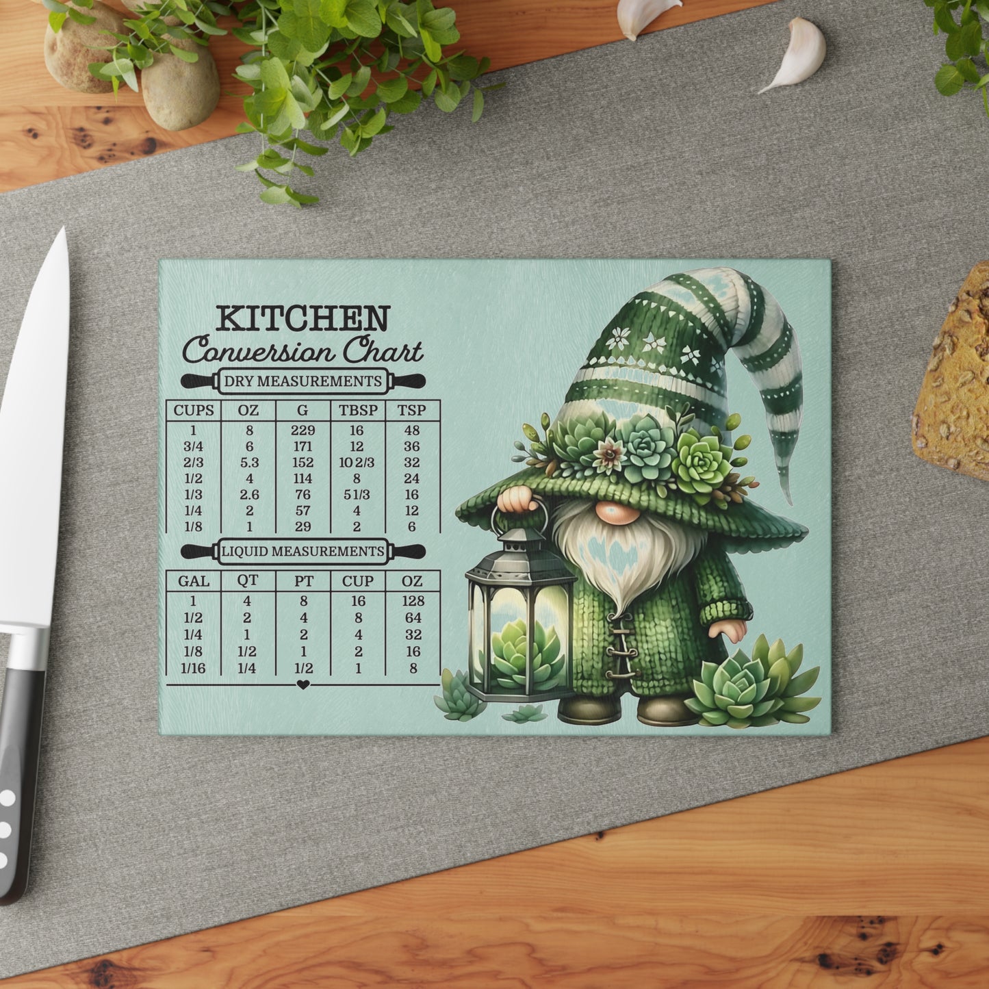 🎄🧑🍳 Green Gnome Kitchen Conversion Cutting Board – Whimsical Holiday Helper with Succulent Charm 🌱✨