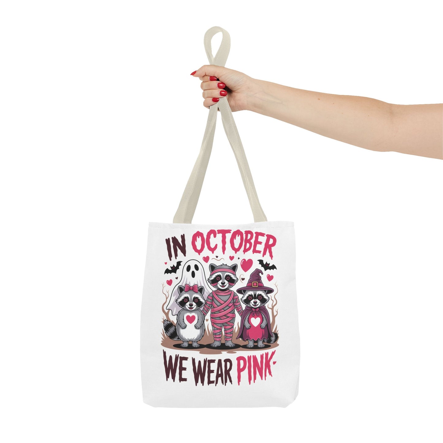 🎀 In October We Wear Pink Raccoon Halloween Tote Bag – Spooky Cute Awareness Style 🦝👜