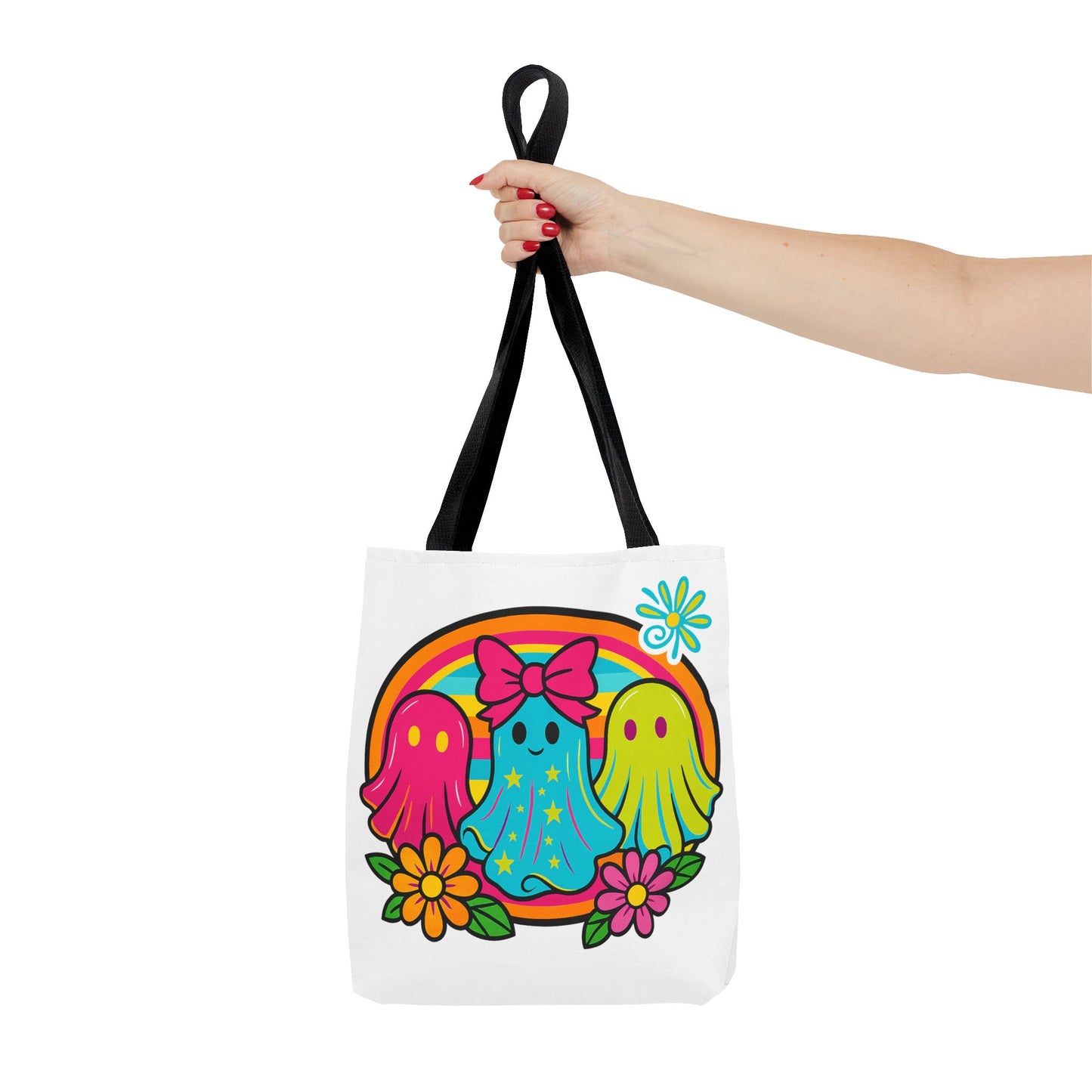 ๐ Retro Rainbow Ghosts Tote Bag โ Groovy Spooky Fun ๐ป๐