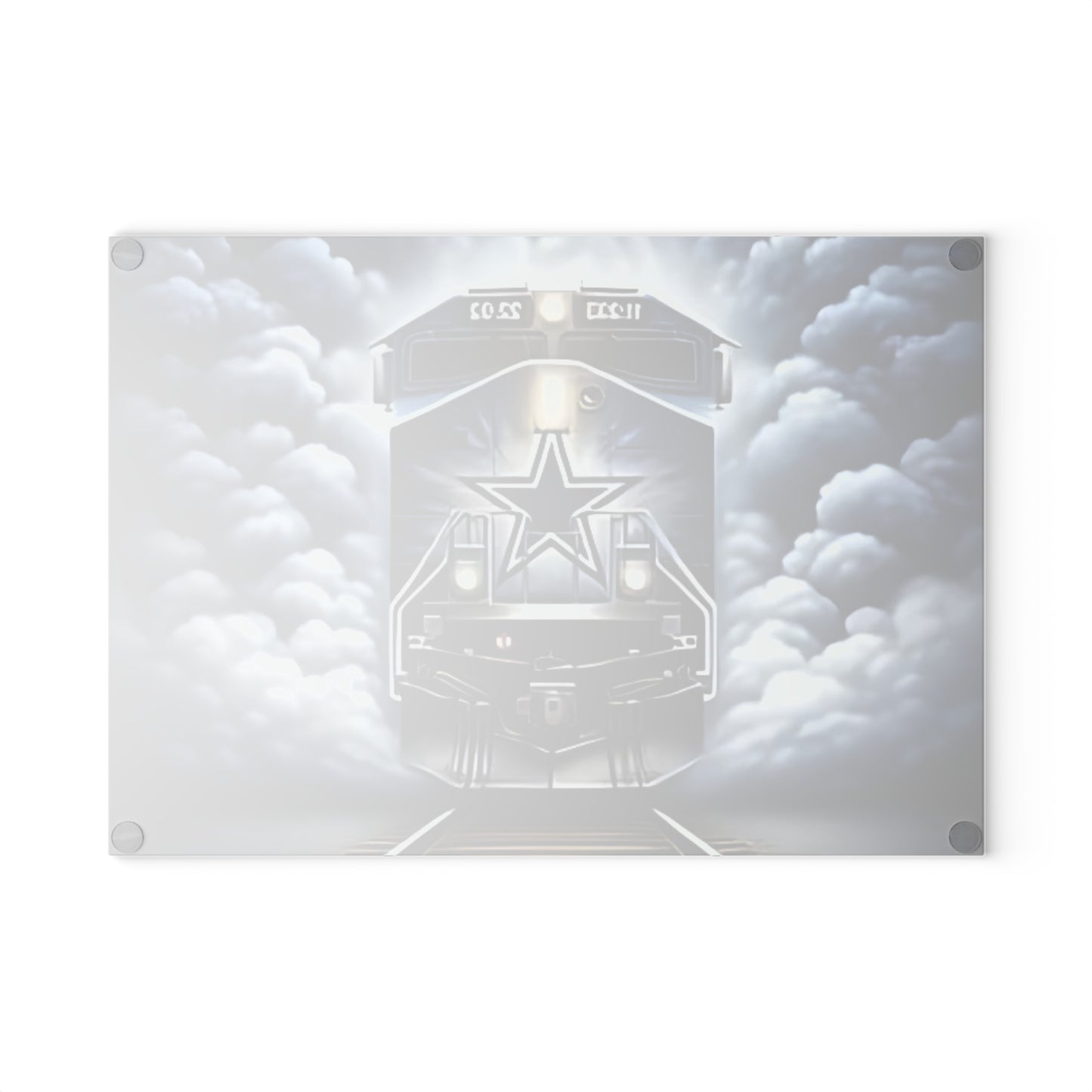 Tabla de cortar de vidrio Express azul y plateado: elegante detalle de cocina con diseño de tren