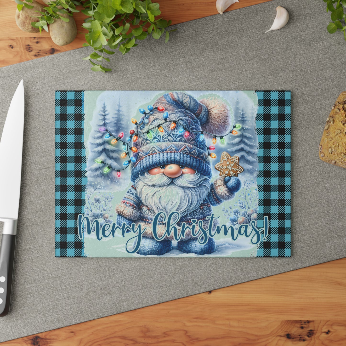 🎄 Blue Plaid Christmas Gnome Cutting Board – Cozy Holiday Charm with Festive Lights & Gingerbread Magic ❄️