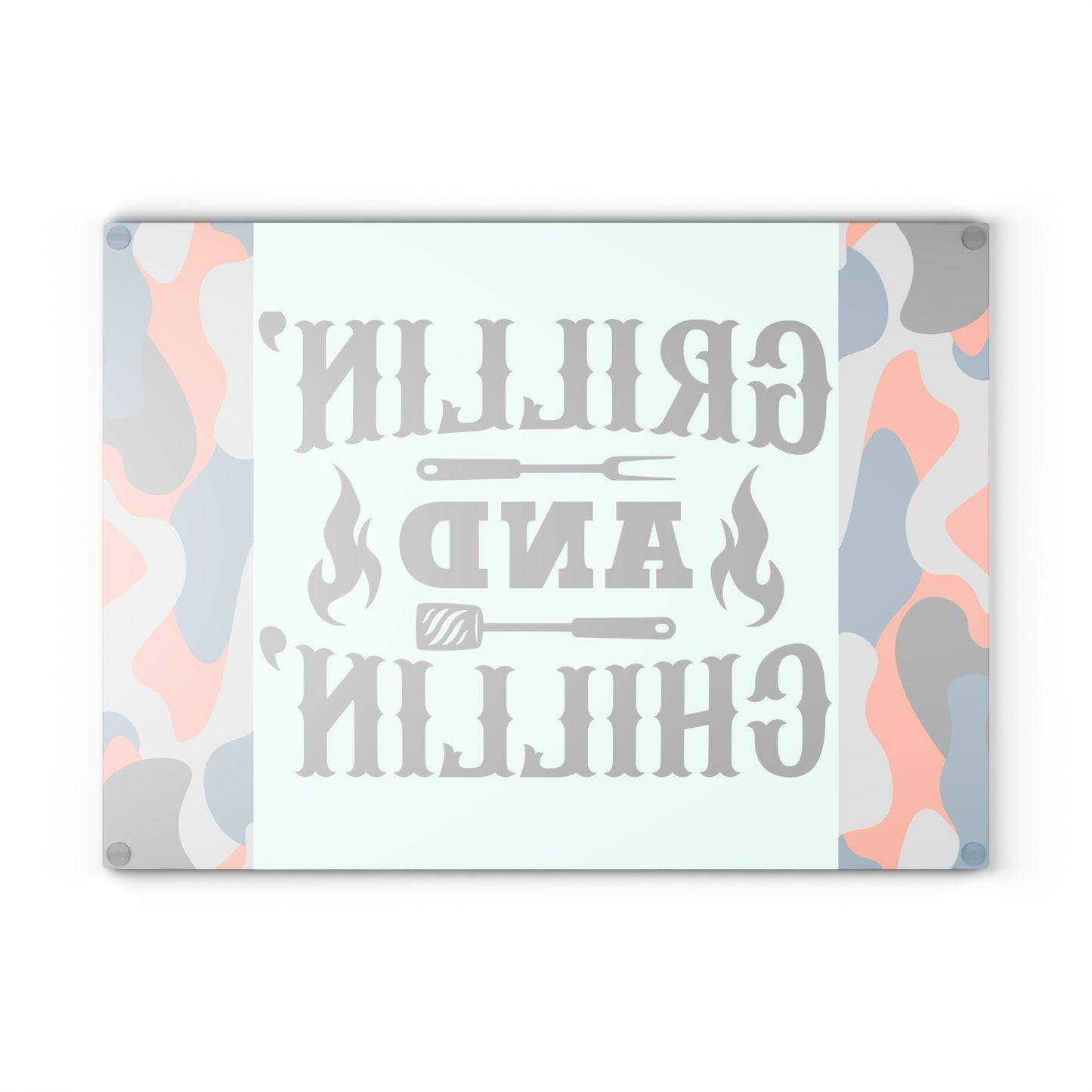 🔥 GRILLIN AND CHILLIN Glass Cutting Board – Camouflage BBQ Prep Style 🍔