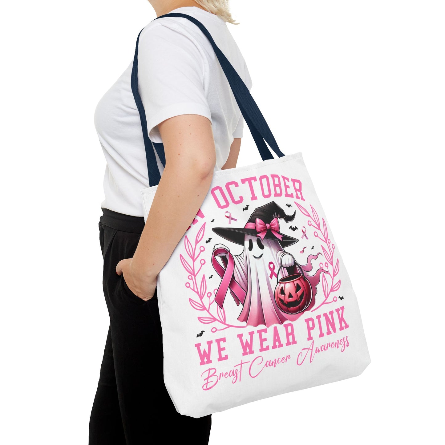 🎀 In October We Wear Pink Tote Bag – Breast Cancer Awareness with Spooky Charm 🎃