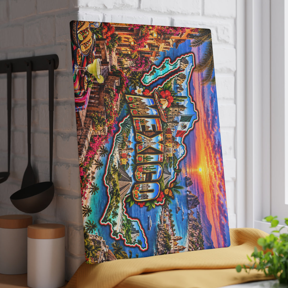 Mexico Map Cutting Board – Colorful Mexican Landmarks, Tropical Beaches, Mayan Pyramids, Mexican Flag & Kitchen Décor