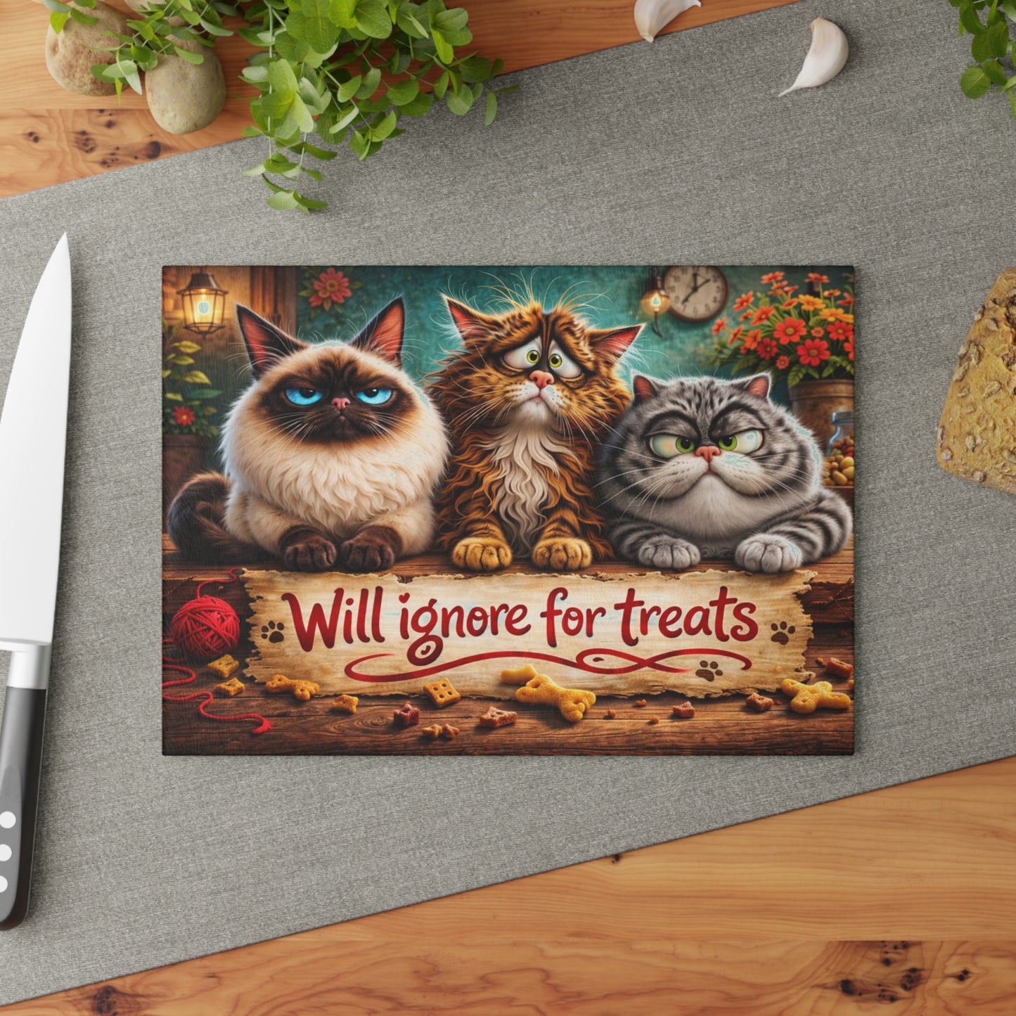 Will Ignore for Treats Glass Cutting Board – Funny Cat Kitchen Decor with Cozy Farmhouse Style