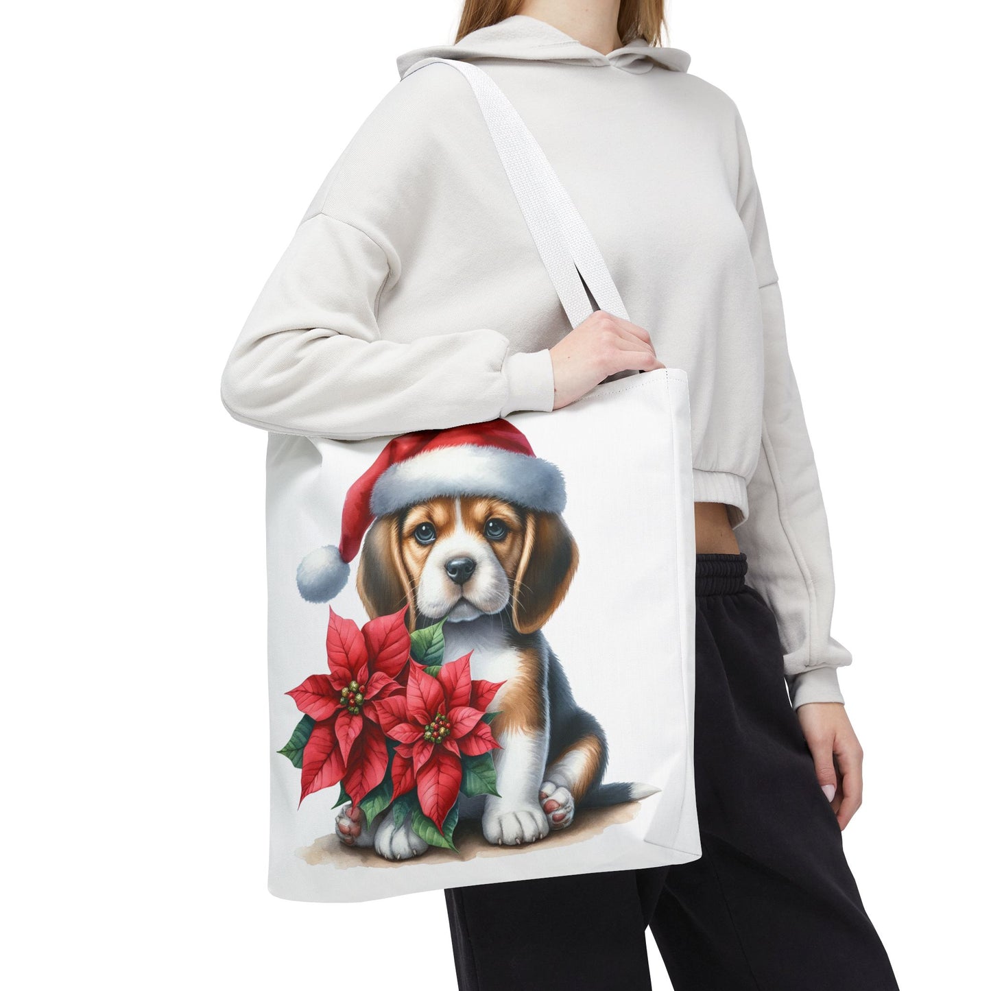 🐶 Beagle Puppy & Poinsettia Christmas Tote Bag – Sweet Holiday Charm in Every Step 🎄