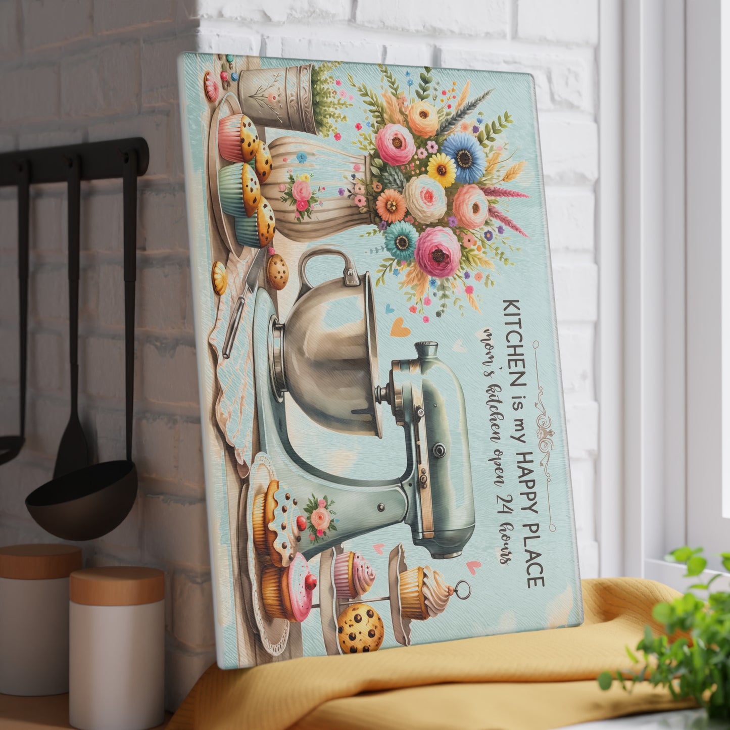 🧁 Kitchen Is My Happy Place Cutting Board – Whimsical Retro Charm for the Sweet-Hearted Baker