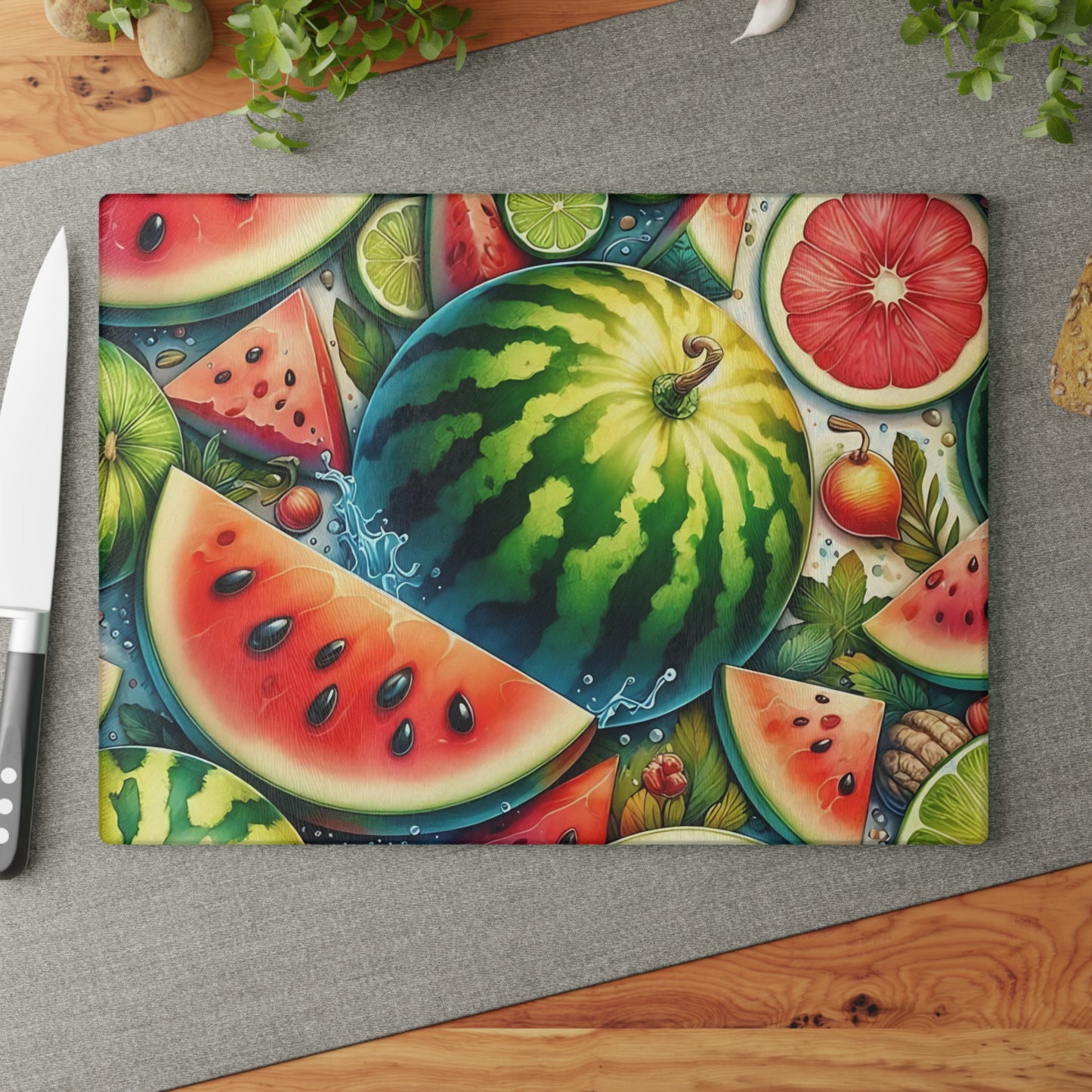 Tabla de cortar de vidrio con sandía jugosa: un dulce ambiente de cocina de verano