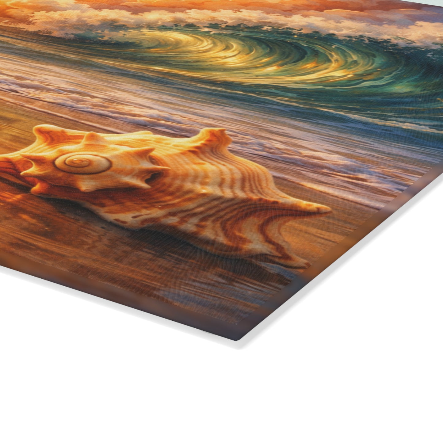 Golden Coastal Wave Glass Cutting Board – Ocean Sunset Seagull Beach Kitchen Art