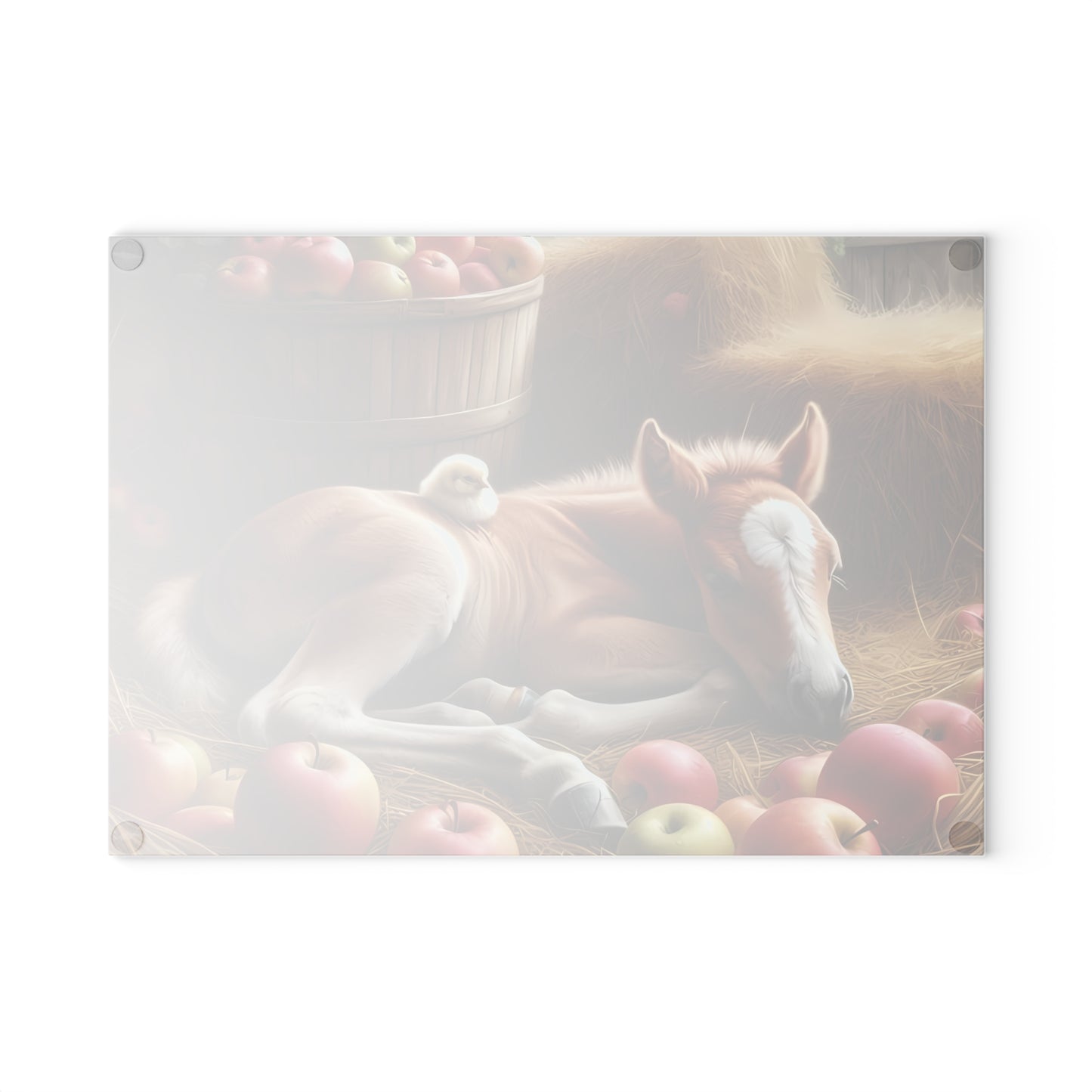 Tabla de cortar - Diseño de potro y pollito con manzanas, regalo único, tabla de cortar de vidrio, tabla de charcutería, tabla de cortar personalizada