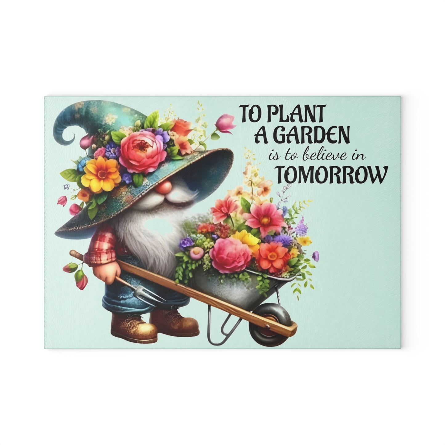 🌸🧙♂️ Garden Gnome Floral Cutting Board – Whimsical Kitchen Décor with Inspirational Quote 🌿✨