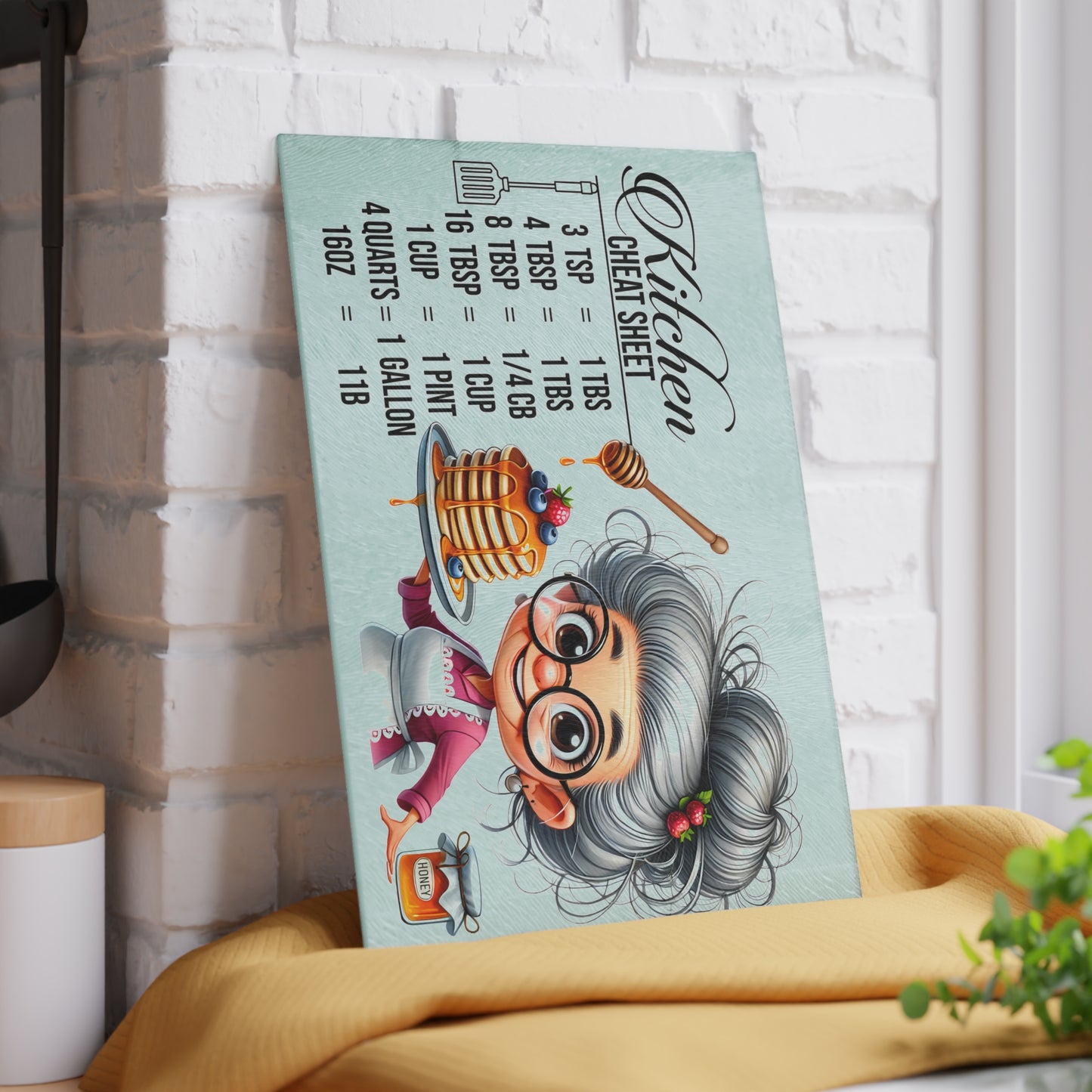 Tabla de cortar con trucos para la cocina: adorable abuela y práctica tabla de conversión de cocina